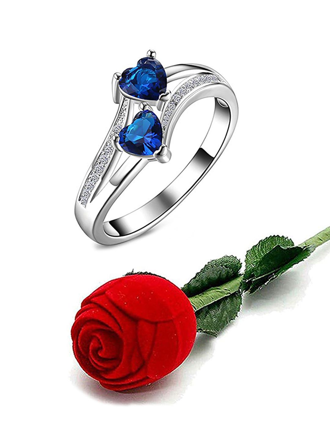 Yellow Chimes 925 Silver-Plated Blue Crystal Dual-Heart Ring in Red Velvet Rose Ring Box Price in India