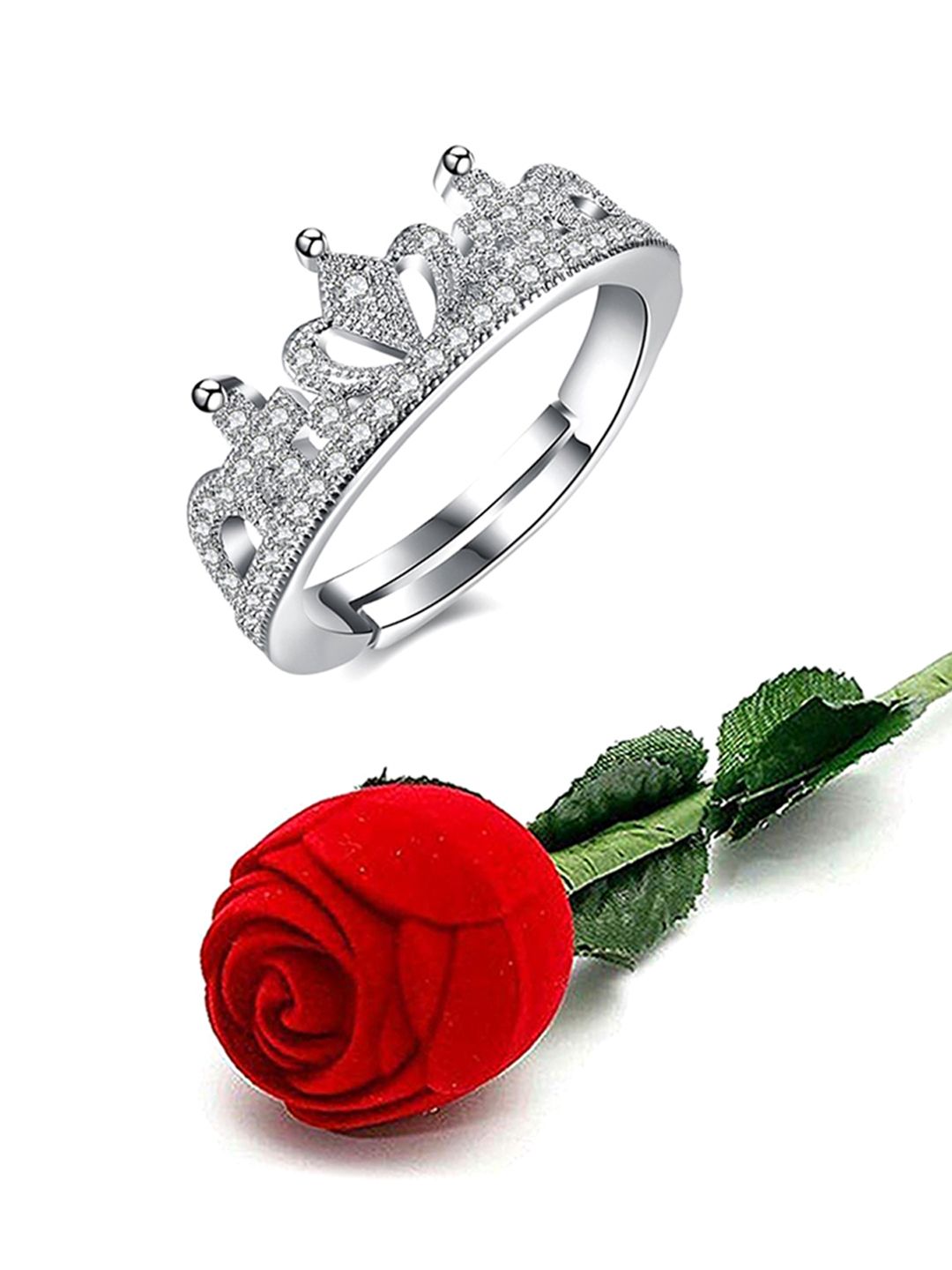 Yellow Chimes Silver-Plated Crown Crystal Ring in Velvet Rose Ring Box Price in India