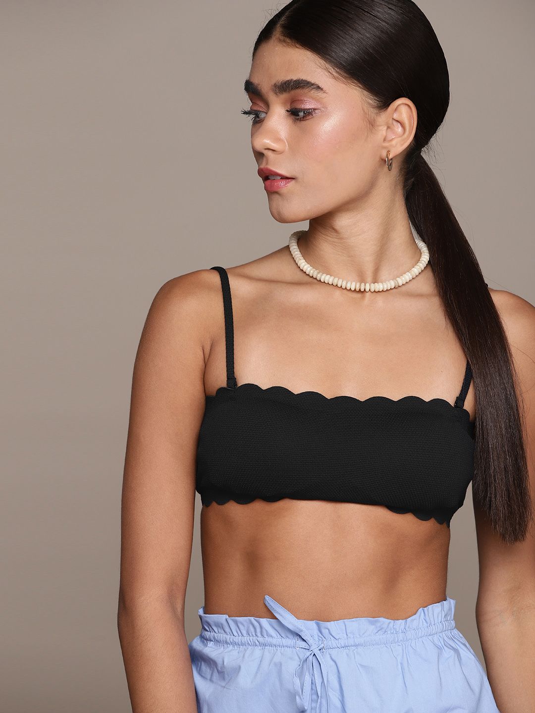 MANGO Women Black Solid Scalloped Bikini Top with Removable Straps Price in India