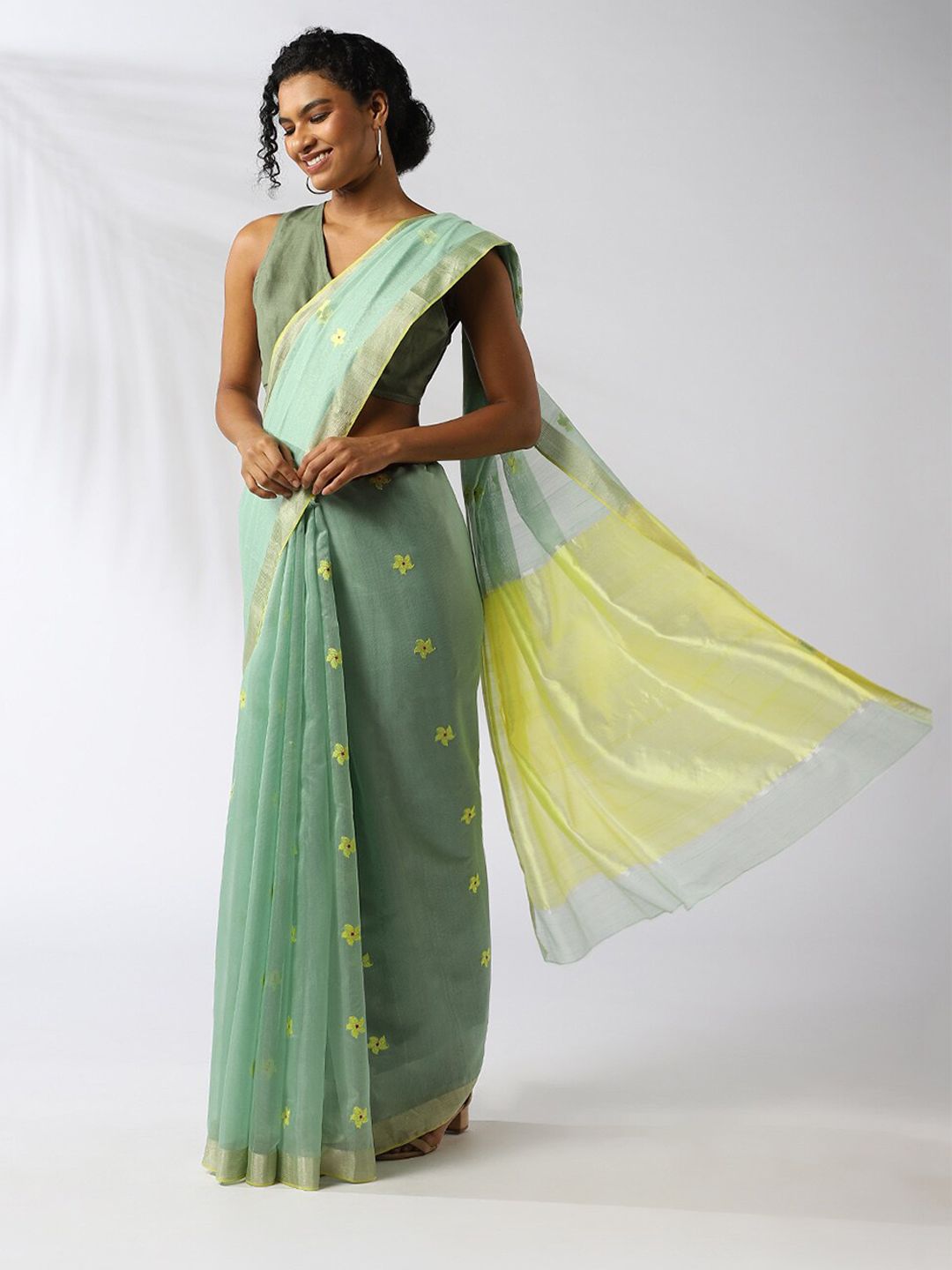 Taneira Green & Yellow Floral Zari Silk Cotton Chanderi Saree Price in India