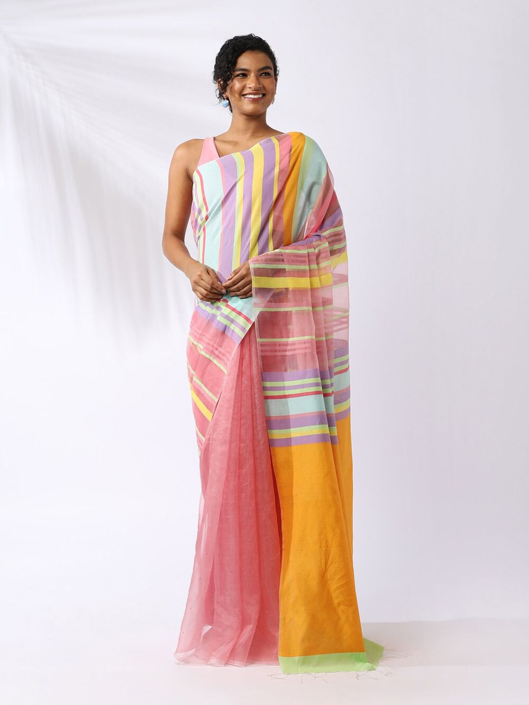 Taneira Multicoloured Striped Organza Saree Price in India