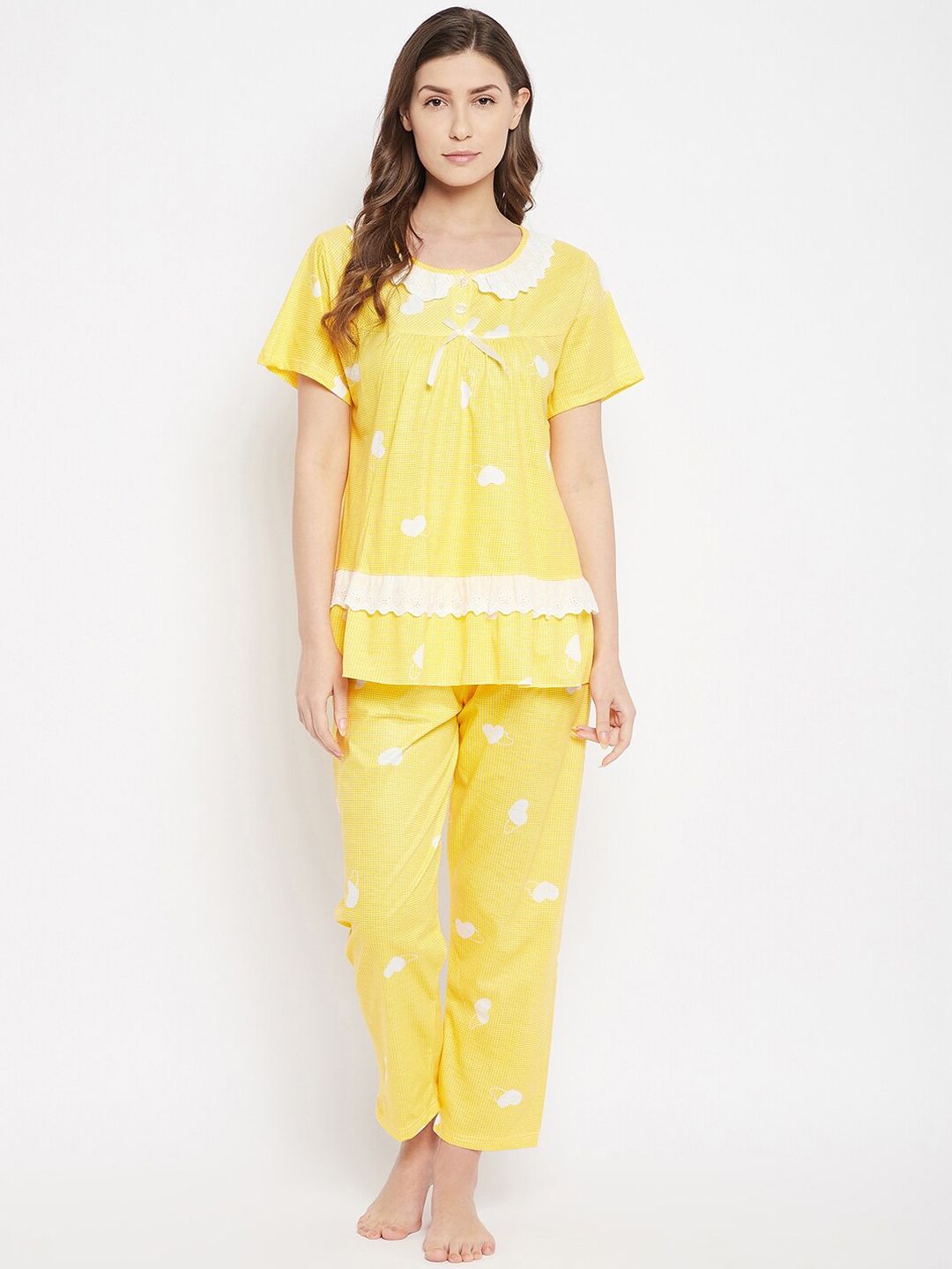 Camey Women Yellow & White Printed Cotton Night suit Price in India