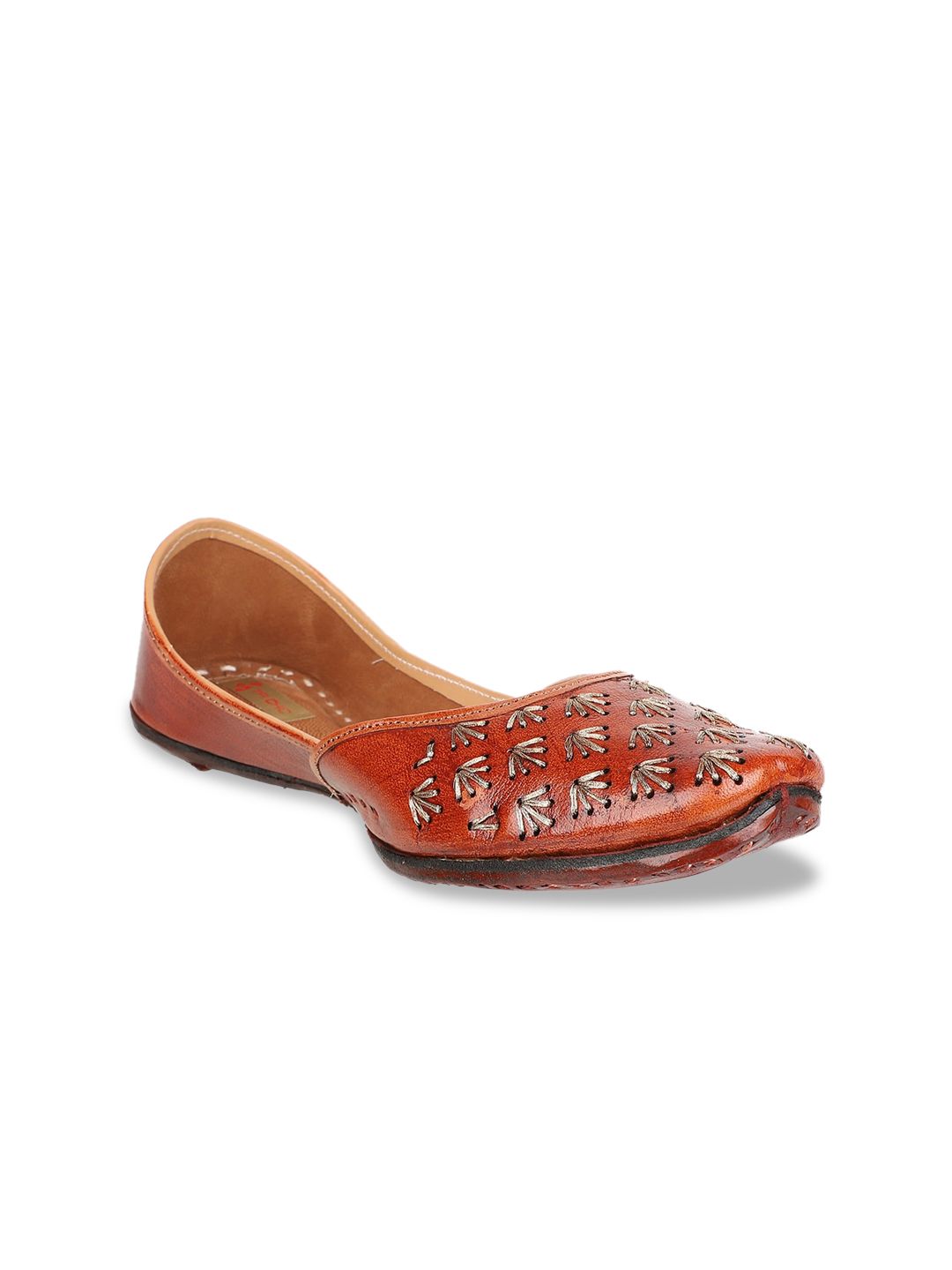 Ta Chic Women Brown Embellished Leather Ethnic Mojaris Flats Price in India