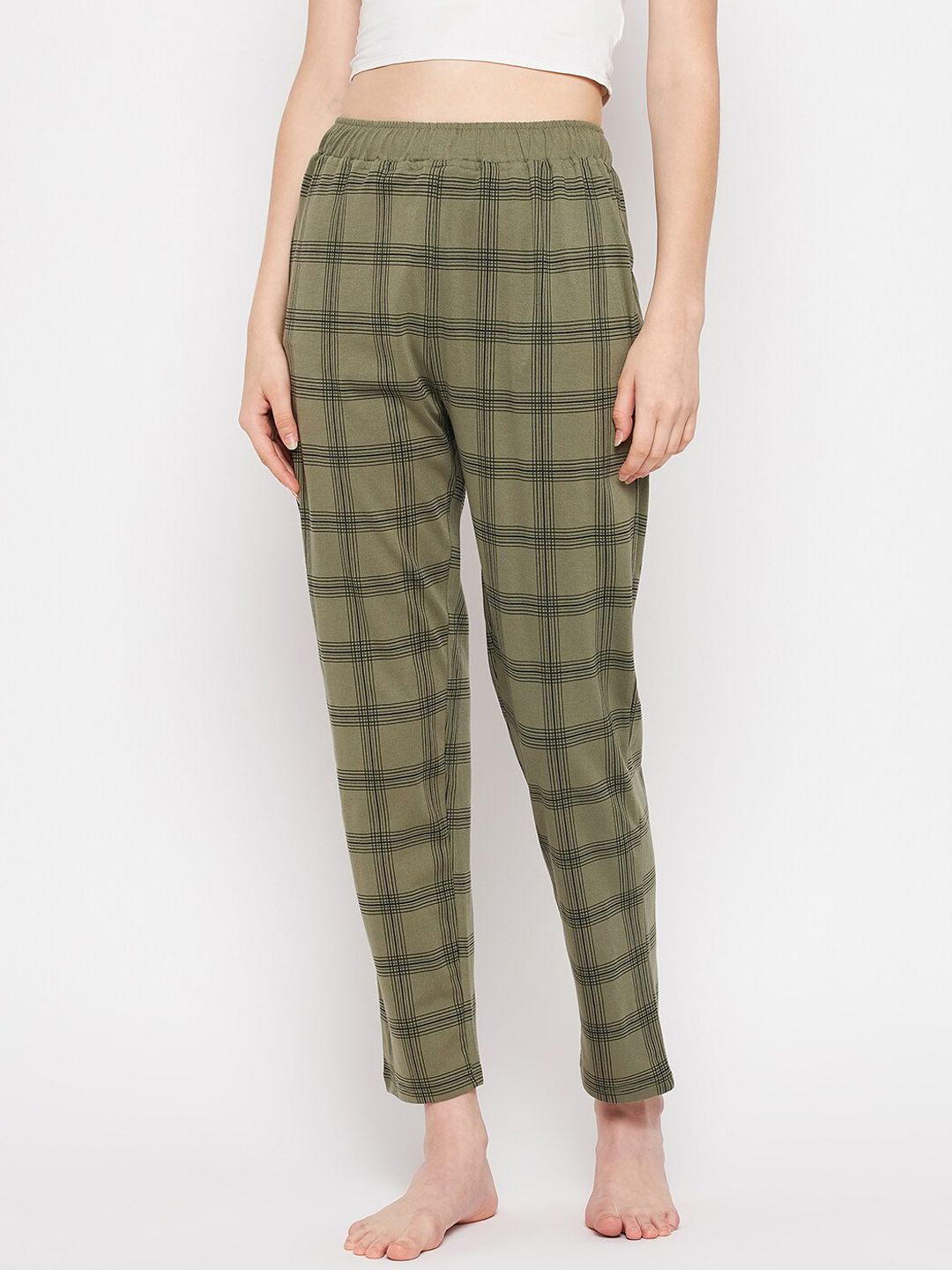 Okane Women Olive Green Checked Cotton Lounge Pant Price in India