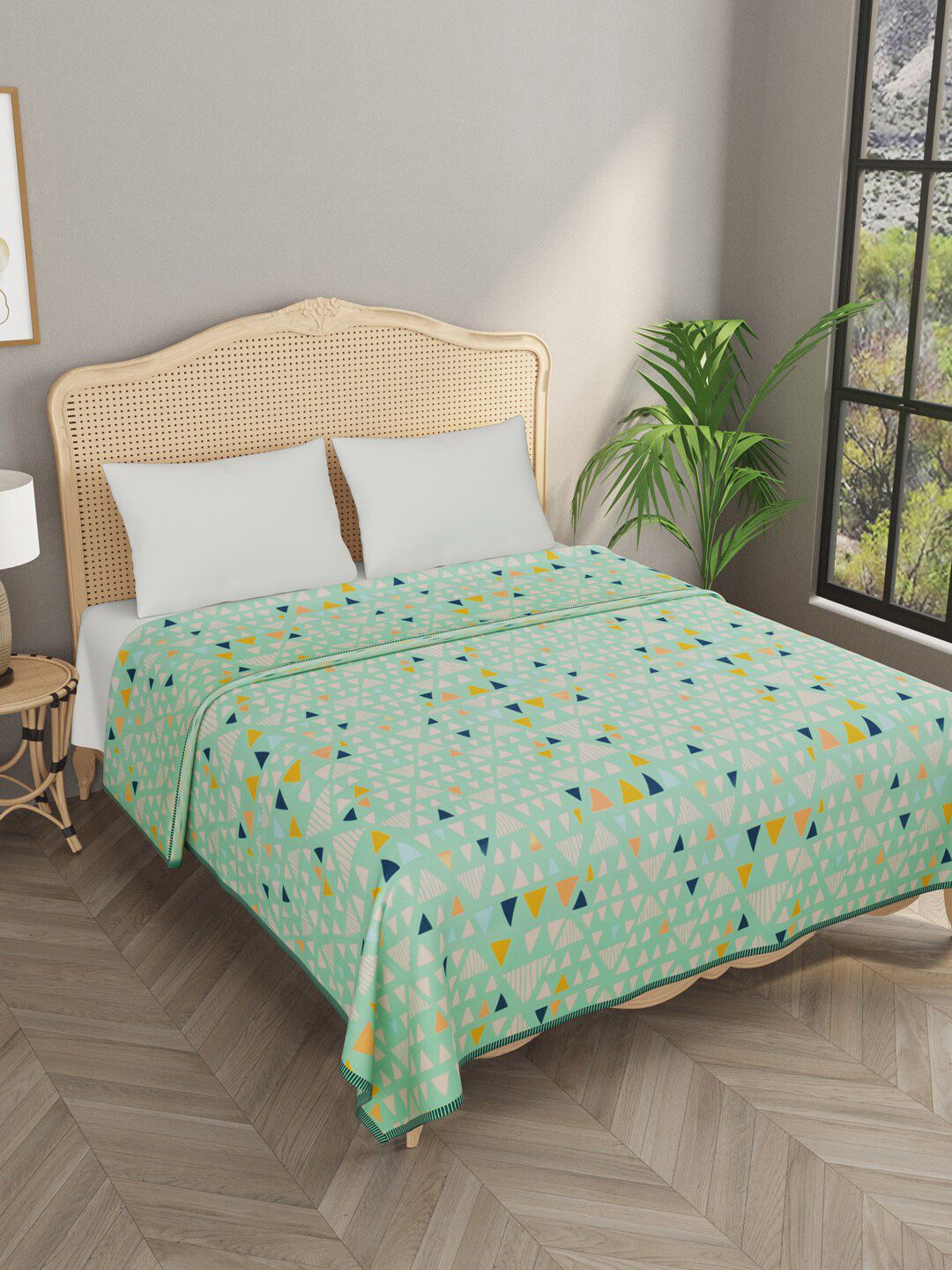Gulaab Jaipur Green & Blue Geometric AC Room 350 GSM Double Bed Cotton Dohar Price in India