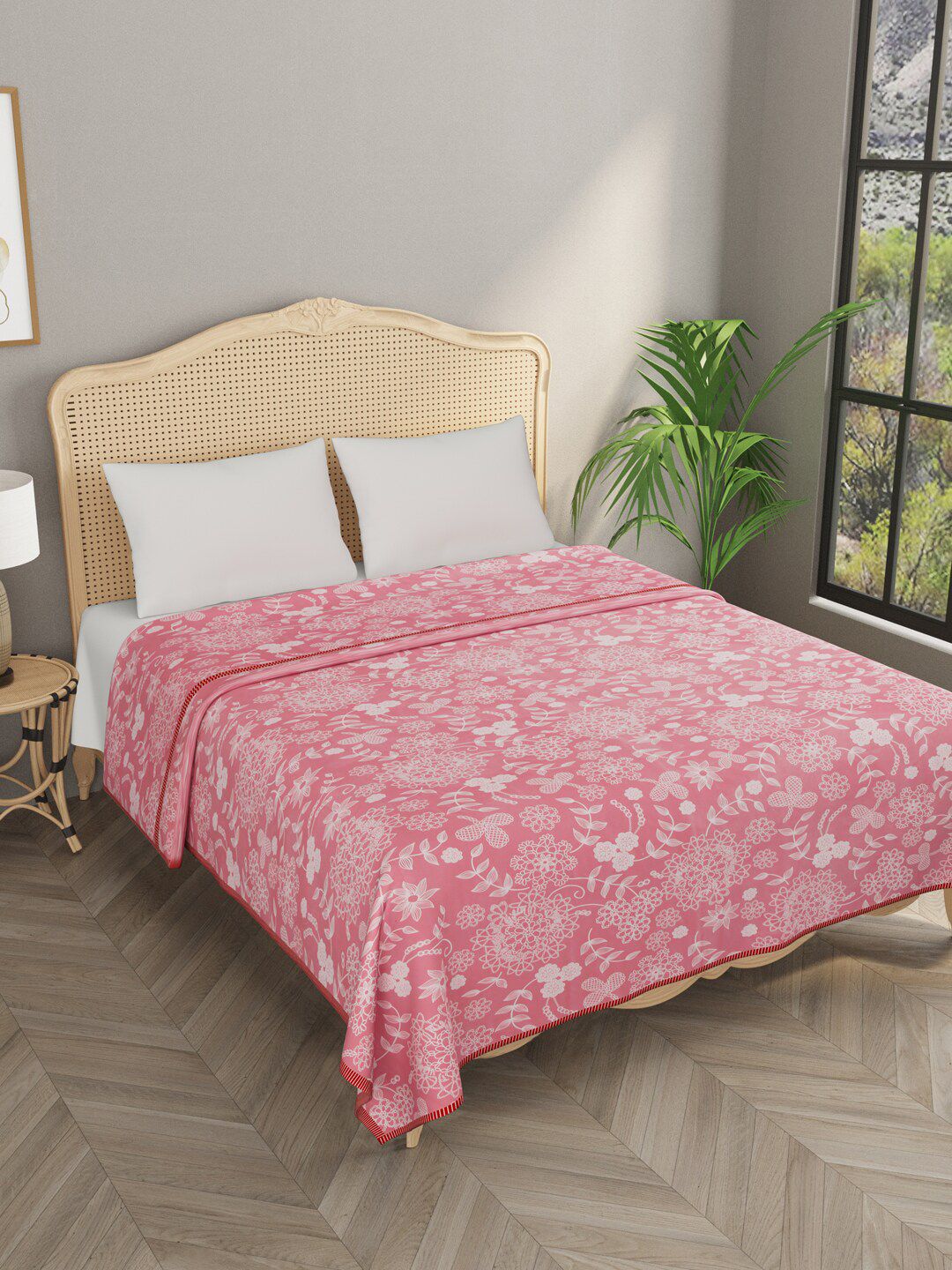 Gulaab Jaipur Pink & White Floral AC Room 350 GSM Double Bed Dohar Price in India