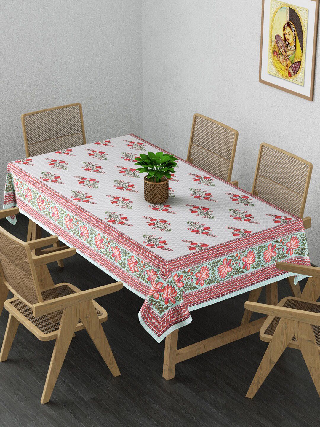Gulaab Jaipur White & Pink Floral Printed 6 Seater Rectangle Table Cover Price in India