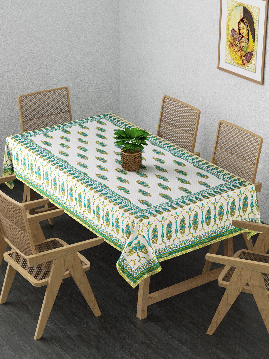 Gulaab Jaipur Green & White Floral Printed Cotton Table Cover Price in India