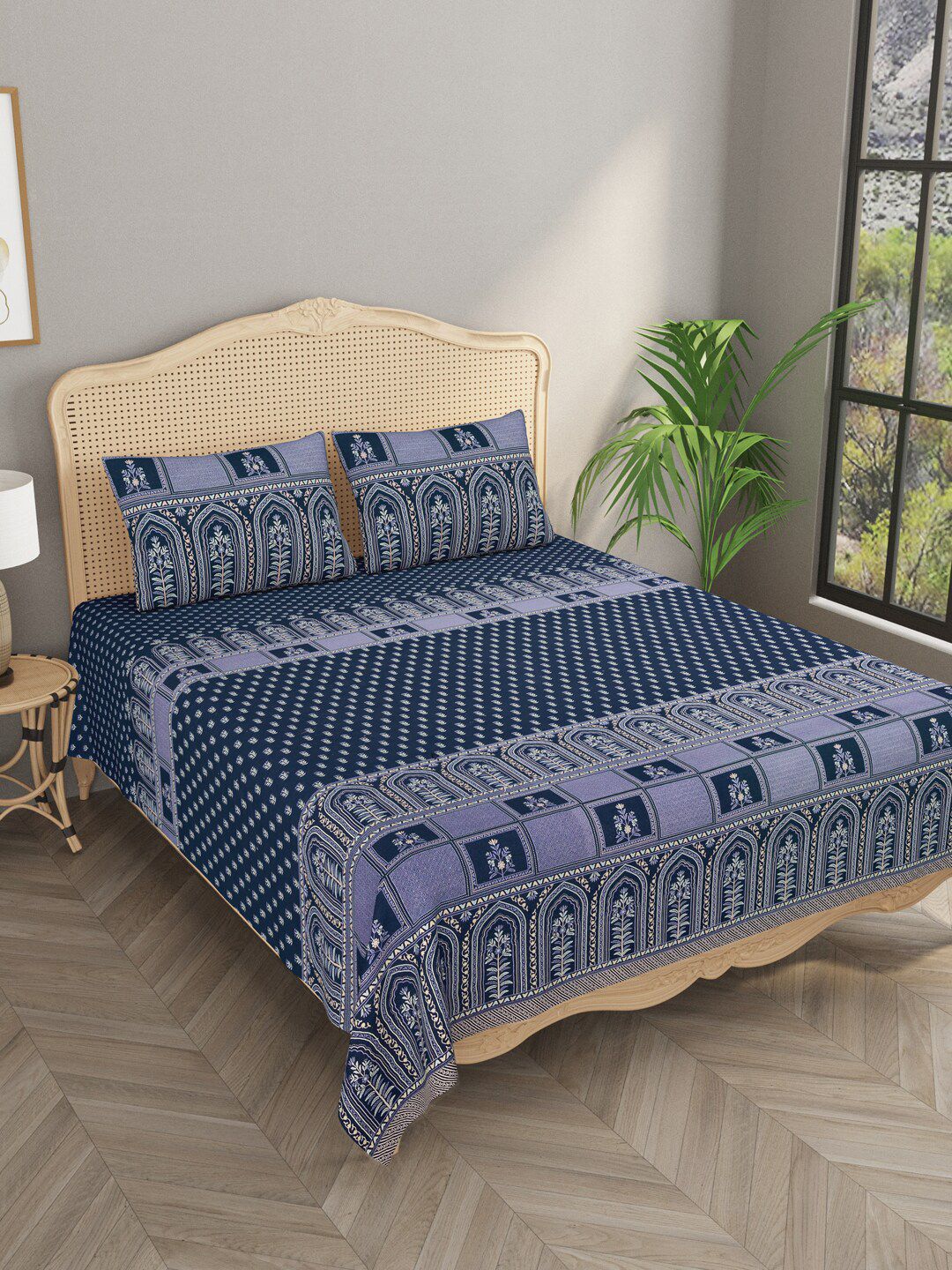 Gulaab Jaipur Blue & Peach-Coloured 400 TC Cotton King Bedsheet with 2 Pillow Covers Price in India
