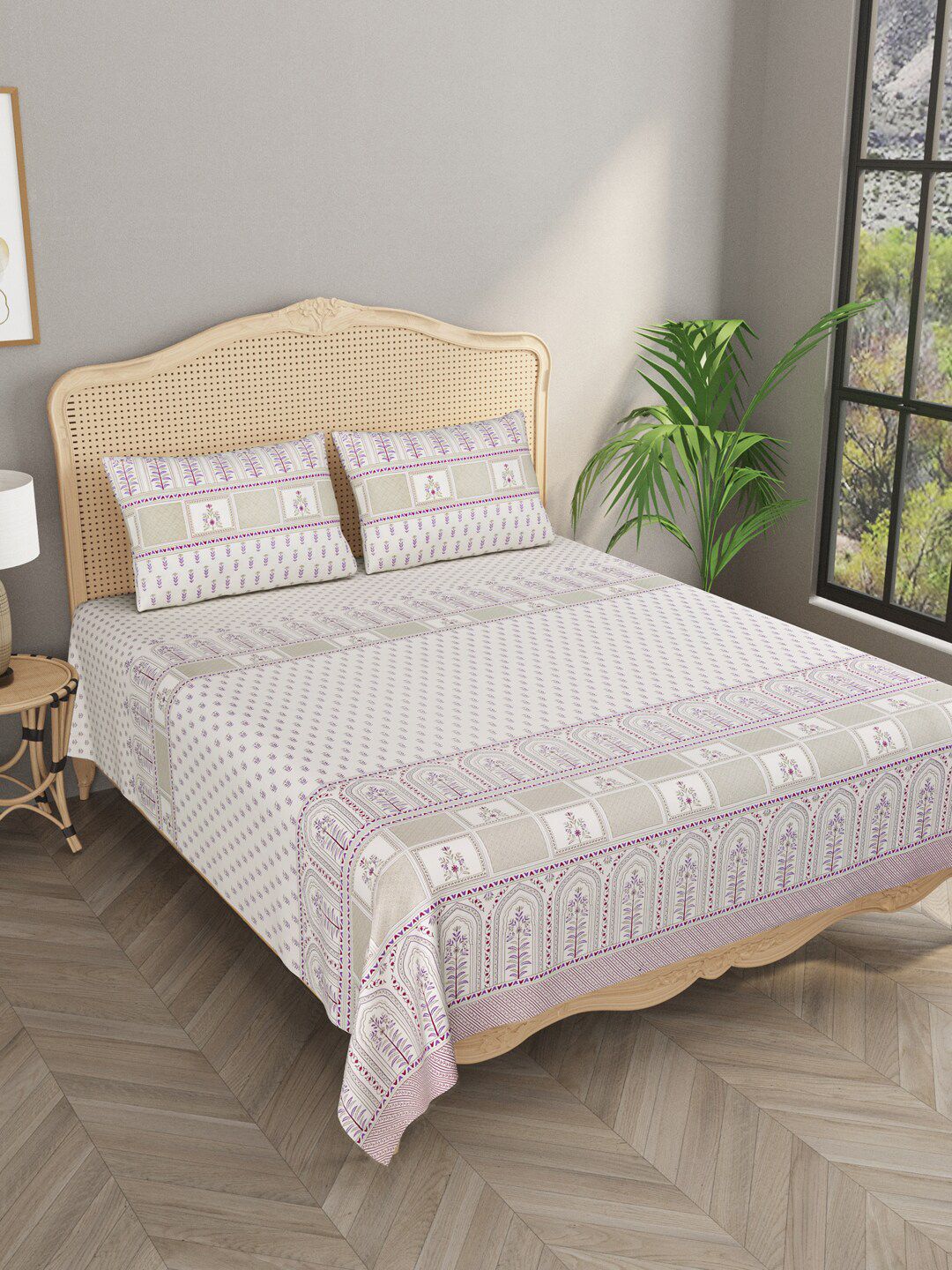 Gulaab Jaipur Purple & White Ethnic Motifs 400 TC King Bedsheet with 2 Pillow Covers Price in India