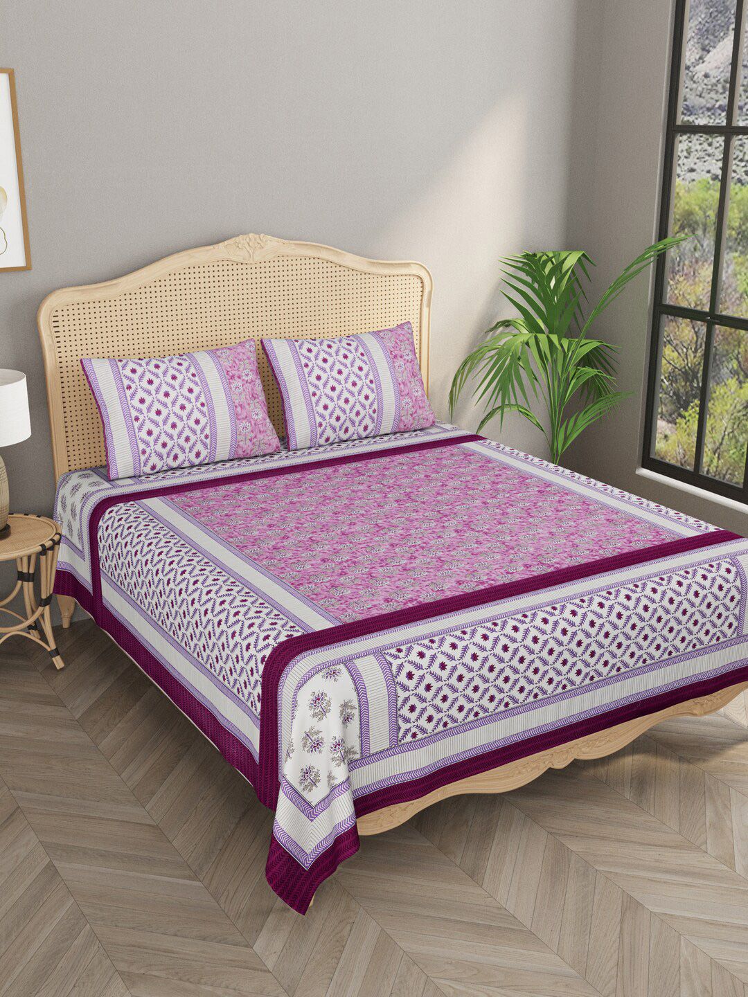 Gulaab Jaipur Purple & Green Floral 400 TC King Bedsheet with 2 Pillow Covers Price in India