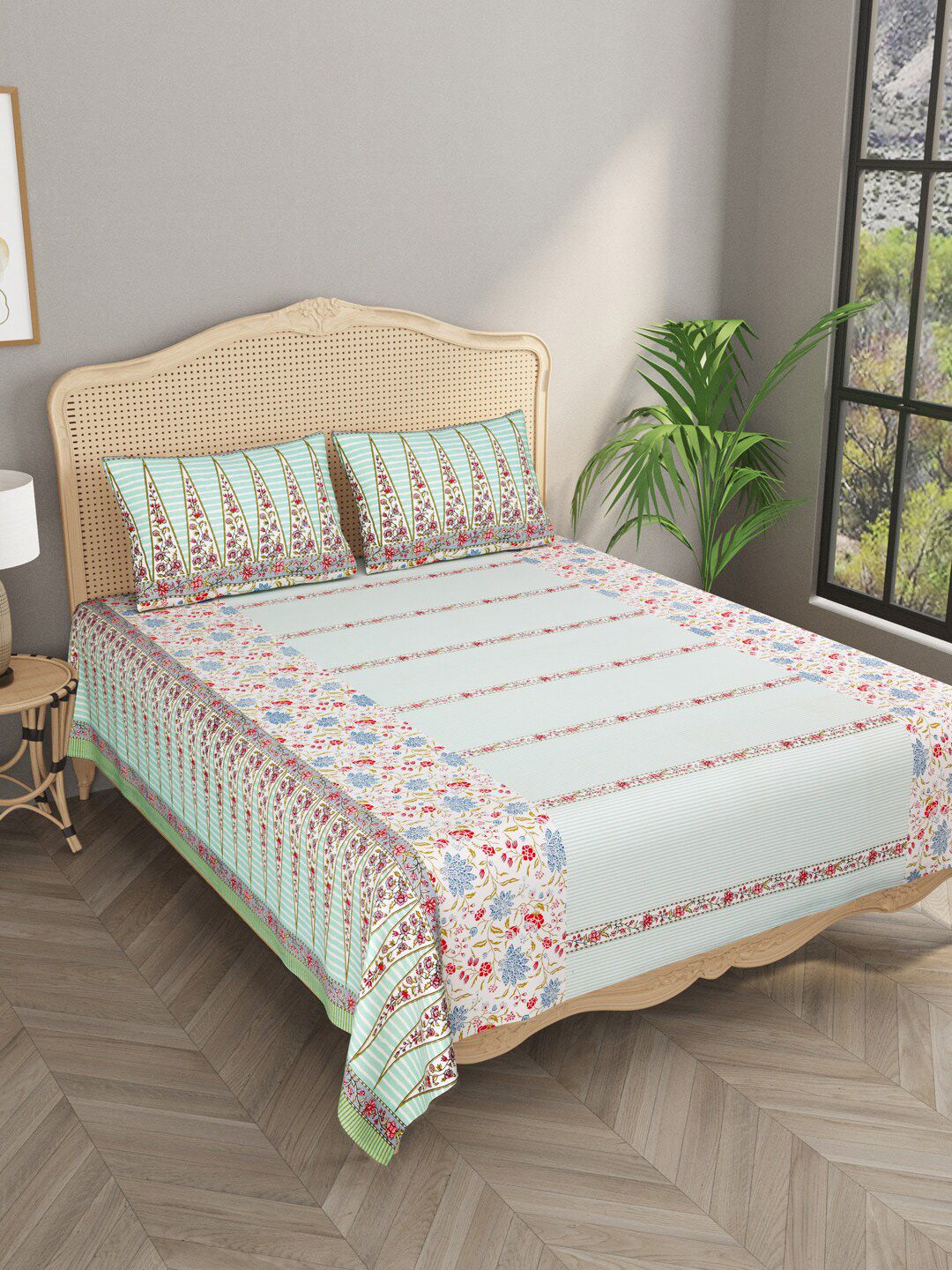 Gulaab Jaipur Turquoise Blue & White Ethnic Motifs 400 TC King Bedsheet with 2 Pillow Covers Price in India