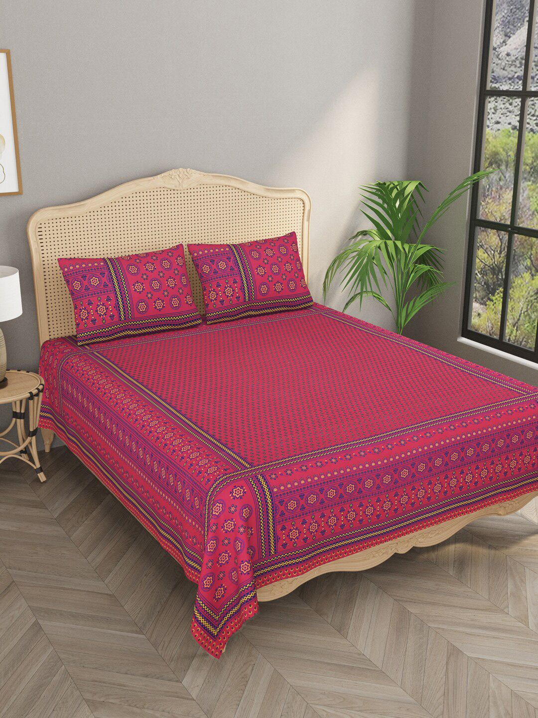 Gulaab Jaipur Pink & Purple Ethnic Motifs 400 TC King Bedsheet with 2 Pillow Covers Price in India