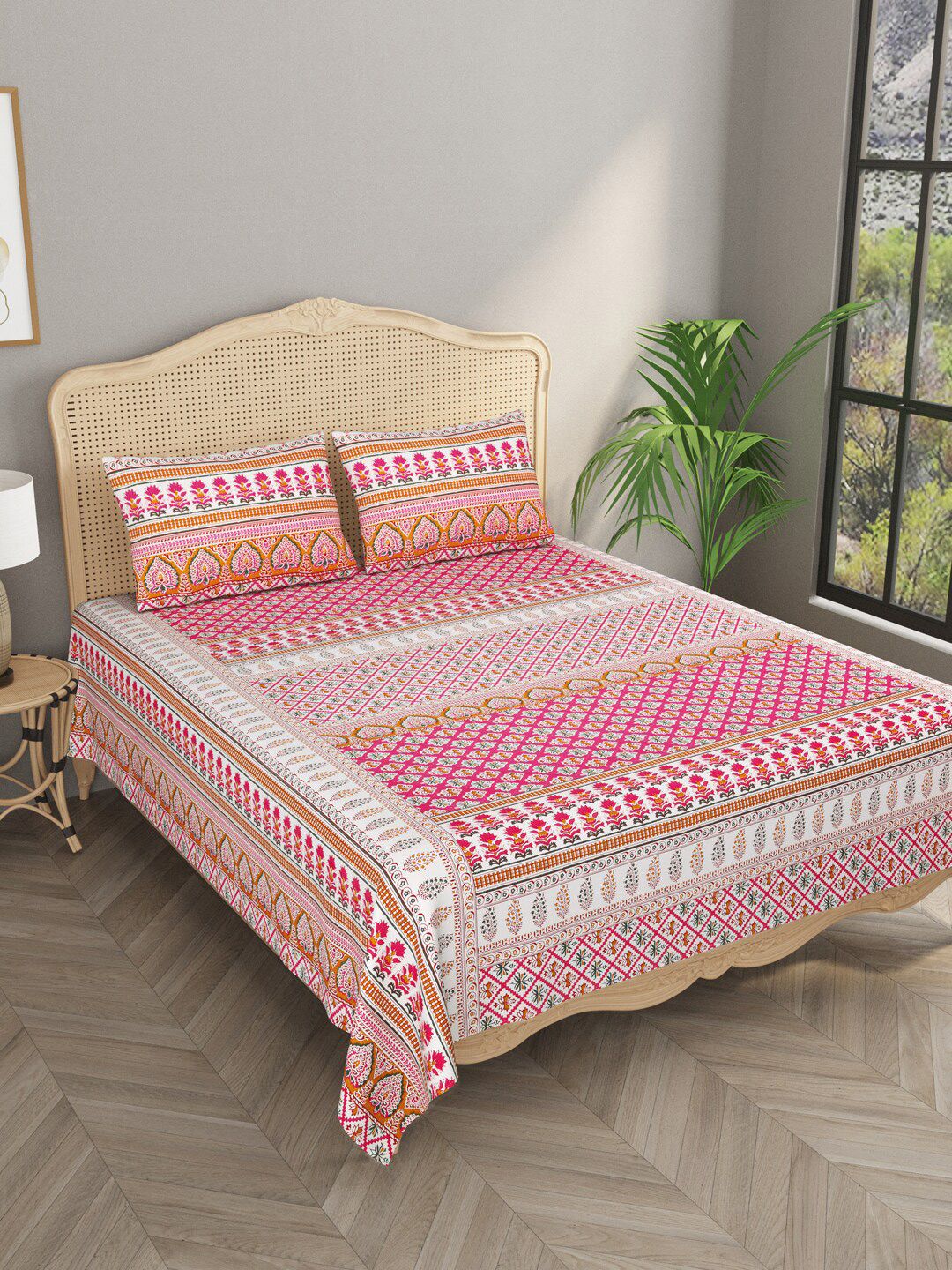 Gulaab Jaipur Red & White Ethnic Motifs 400 TC King Bedsheet with 2 Pillow Covers Price in India
