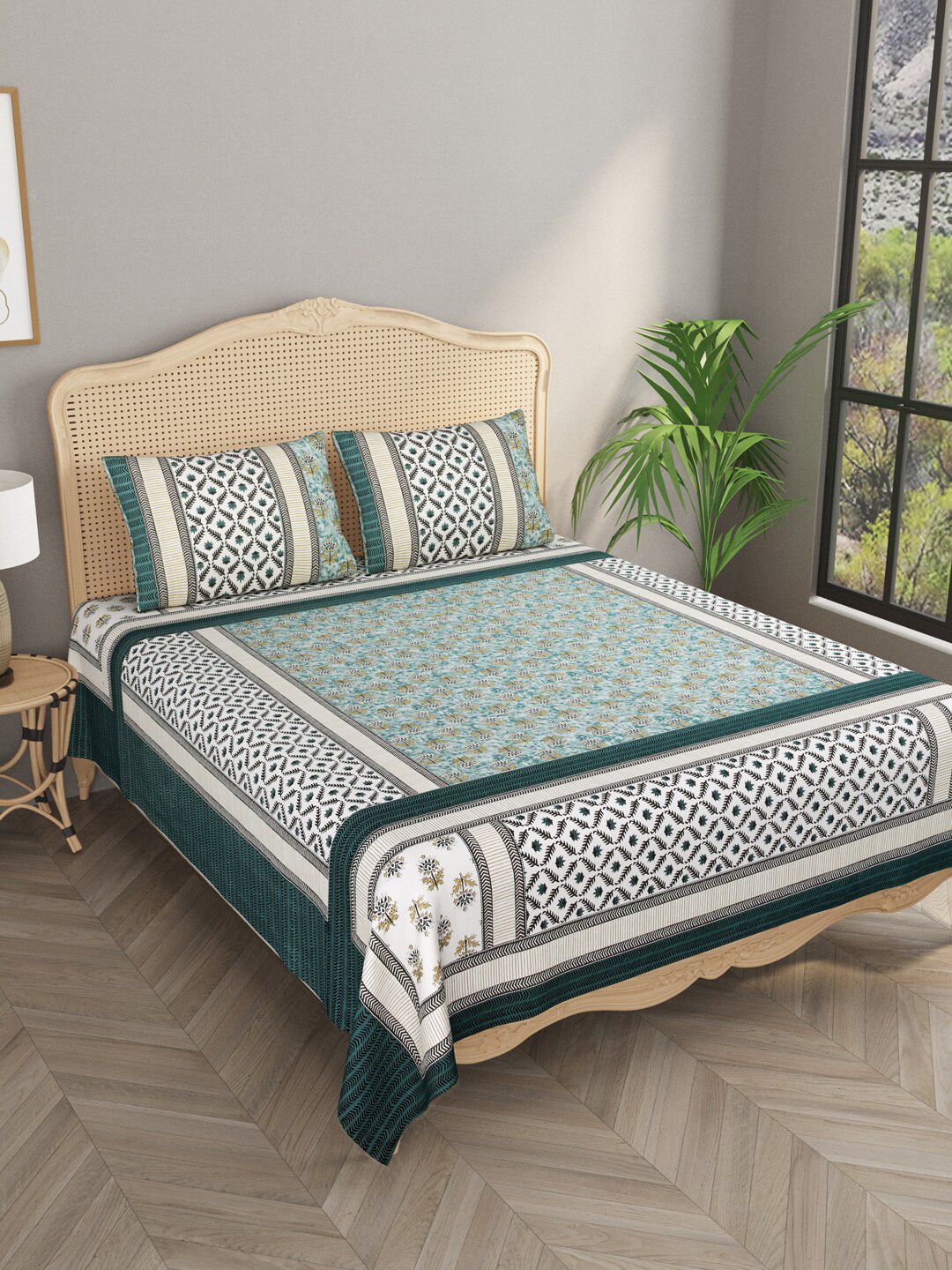 Gulaab Jaipur Blue & White Floral 400 TC King Cotton Bedsheet with 2 Pillow Covers Price in India
