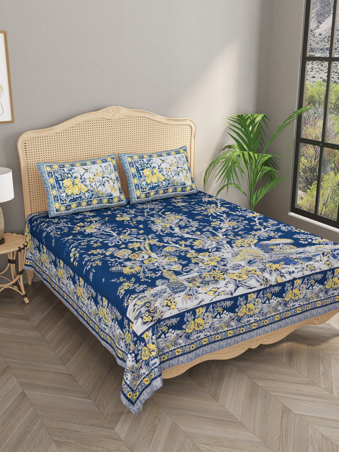 Gulaab Jaipur Blue & Yellow Ethnic Motifs 400 TC King Bedsheet with 2 Pillow Covers Price in India