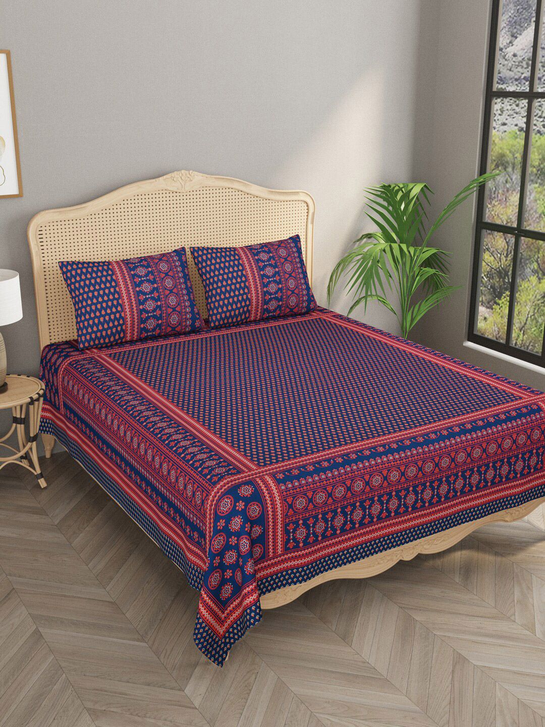 Gulaab Jaipur Blue & Red Floral 400 TC King Bedsheet with 2 Pillow Covers Price in India