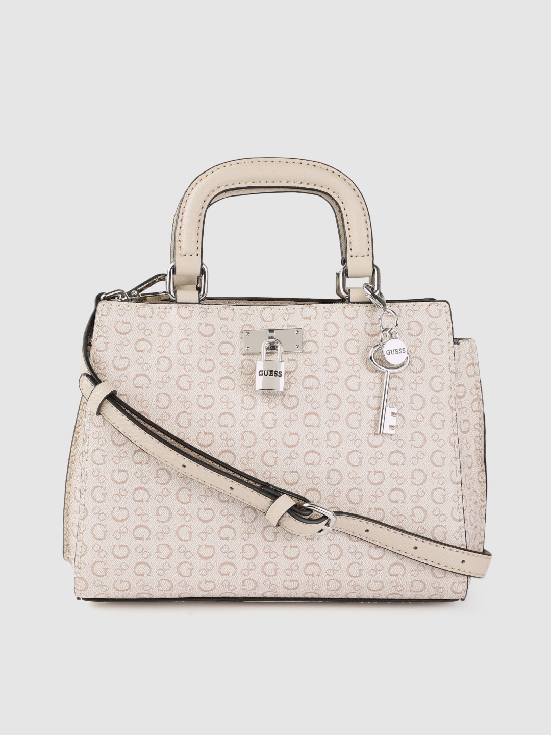GUESS Women Beige Brand Logo Print Structured Handheld Bag Price in India
