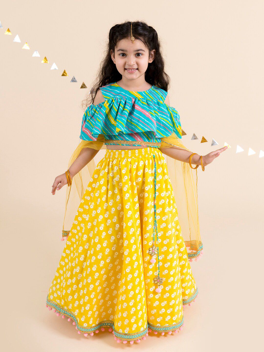 pspeaches Girls Yellow & Turquoise Blue Printed Ready to Wear Lehenga & Blouse With Dupatta Price in India