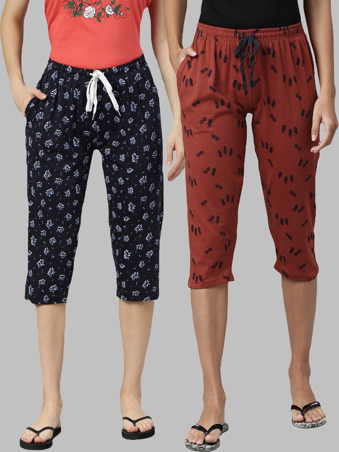 Women Pack of 2 Navy Blue & Rust Printed Cotton Lounge Capris Price in India