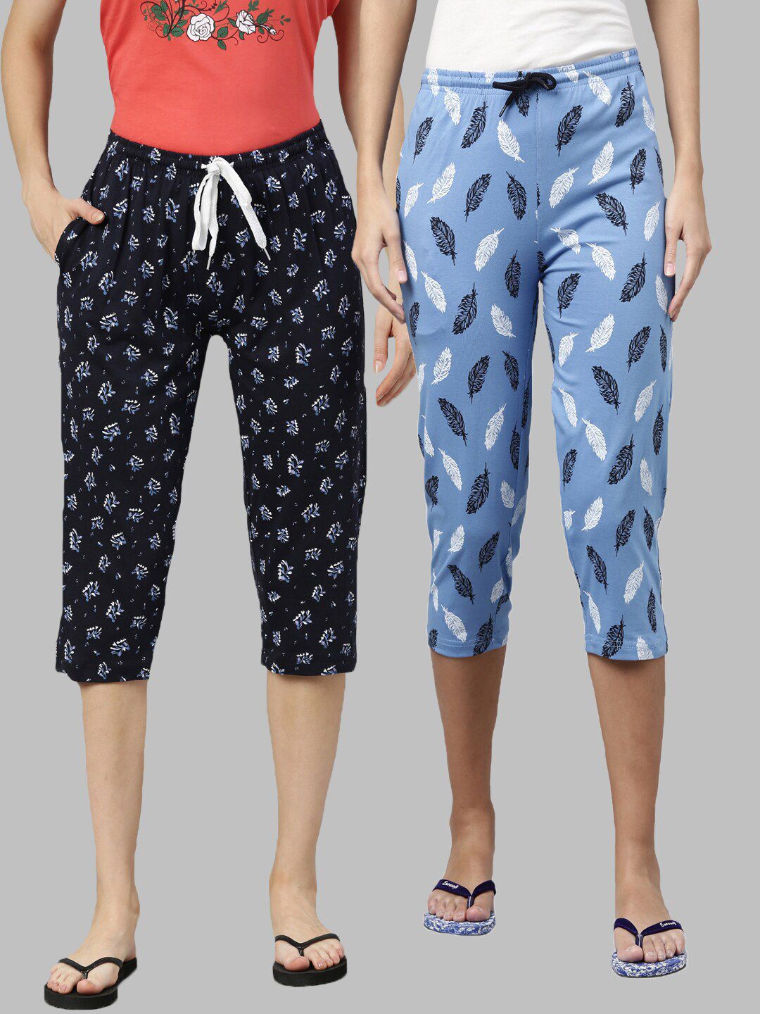 Kryptic Women Pack of 2 Navy Blue & White Printed Cotton Lounge Capris Price in India