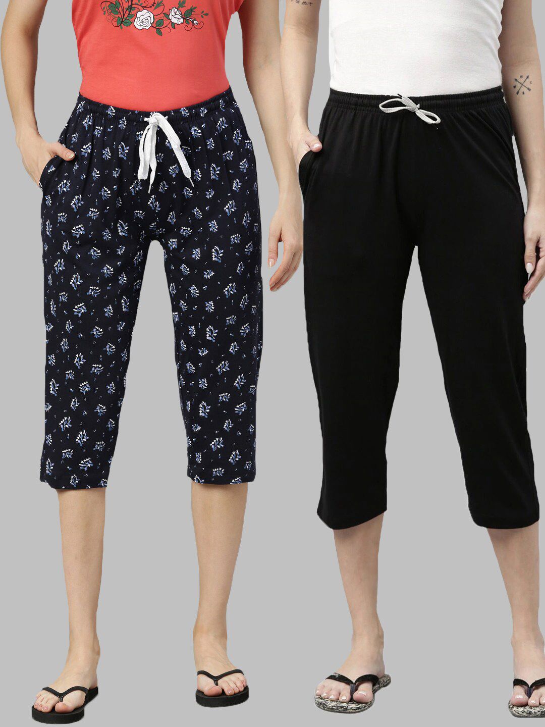 Kryptic Women Blue & Black Pack of 2 Printed Cotton Capri Lounge Pants Price in India