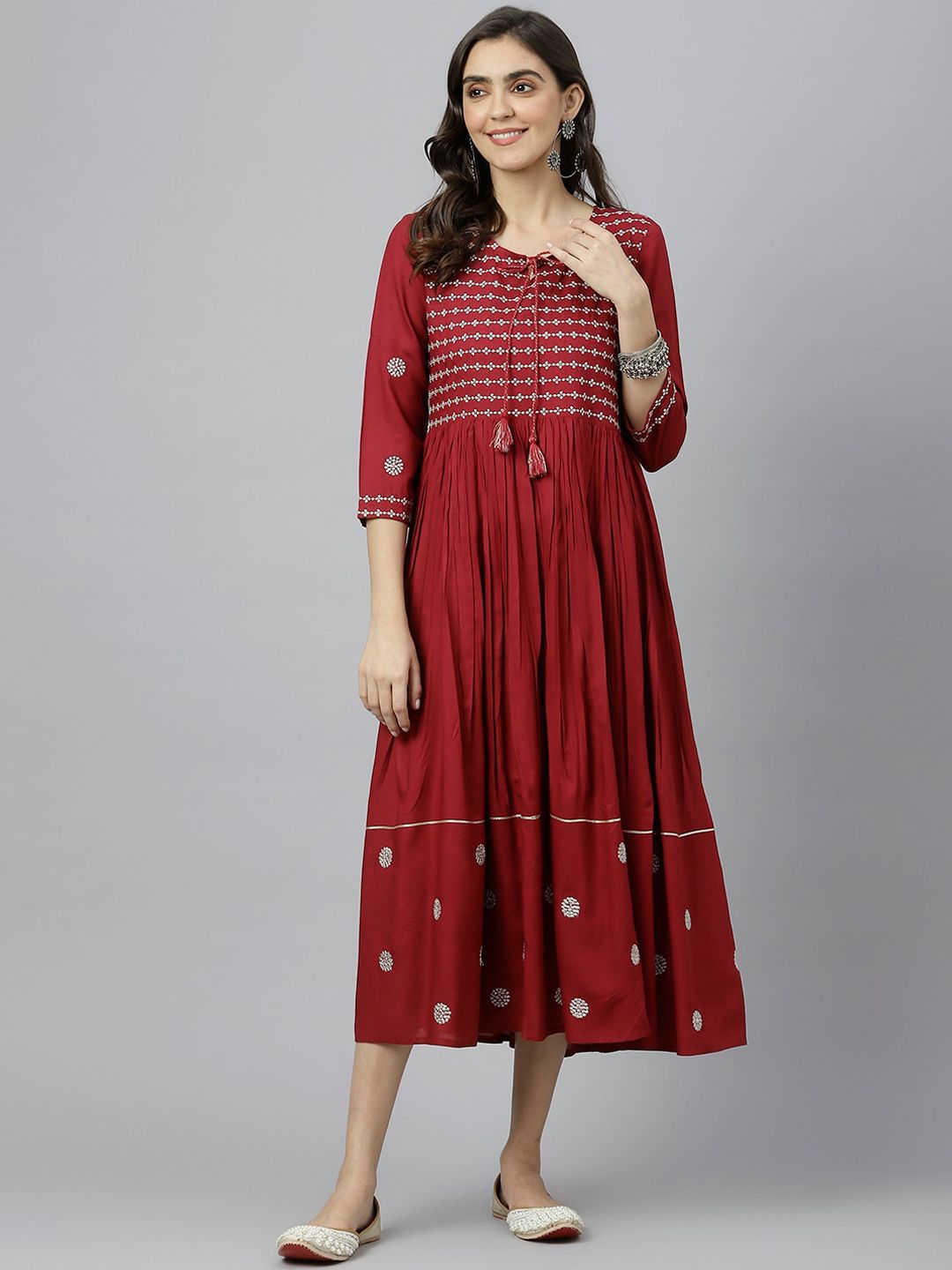 KALINI Maroon Embroidered Tie-Up Neck Ethnic A-Line Midi Dress Price in India