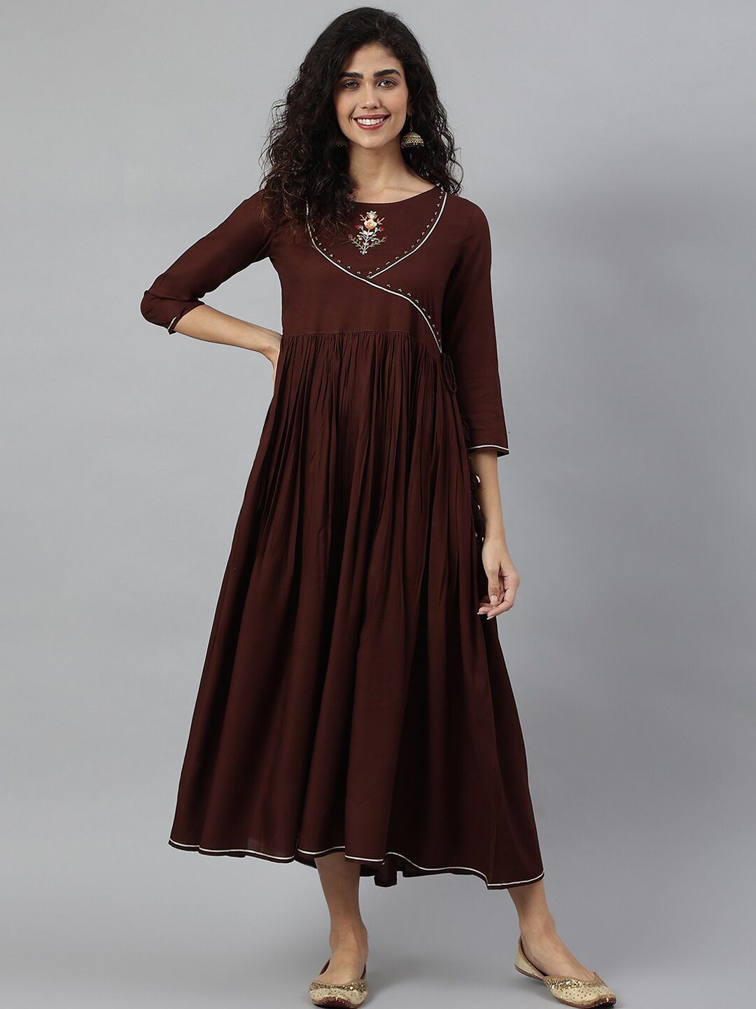 KALINI Brown Embroidered Ethnic Wrap Midi Dress Price in India