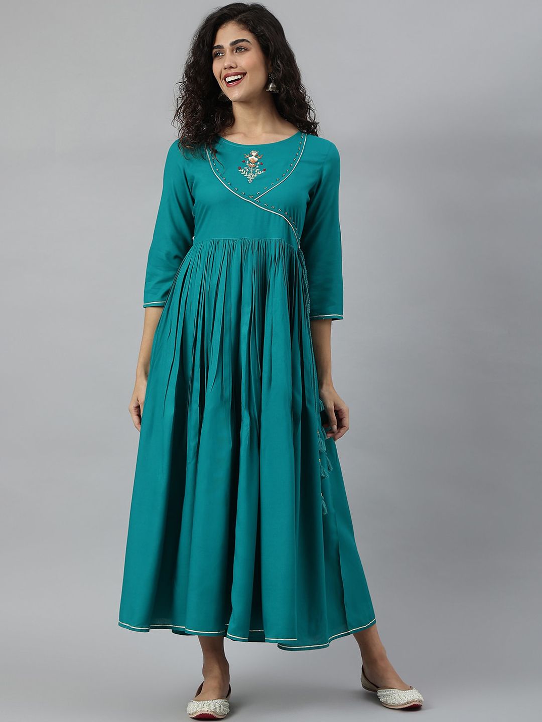 KALINI Teal Green Embroidered Ethnic Wrap Midi Dress Price in India