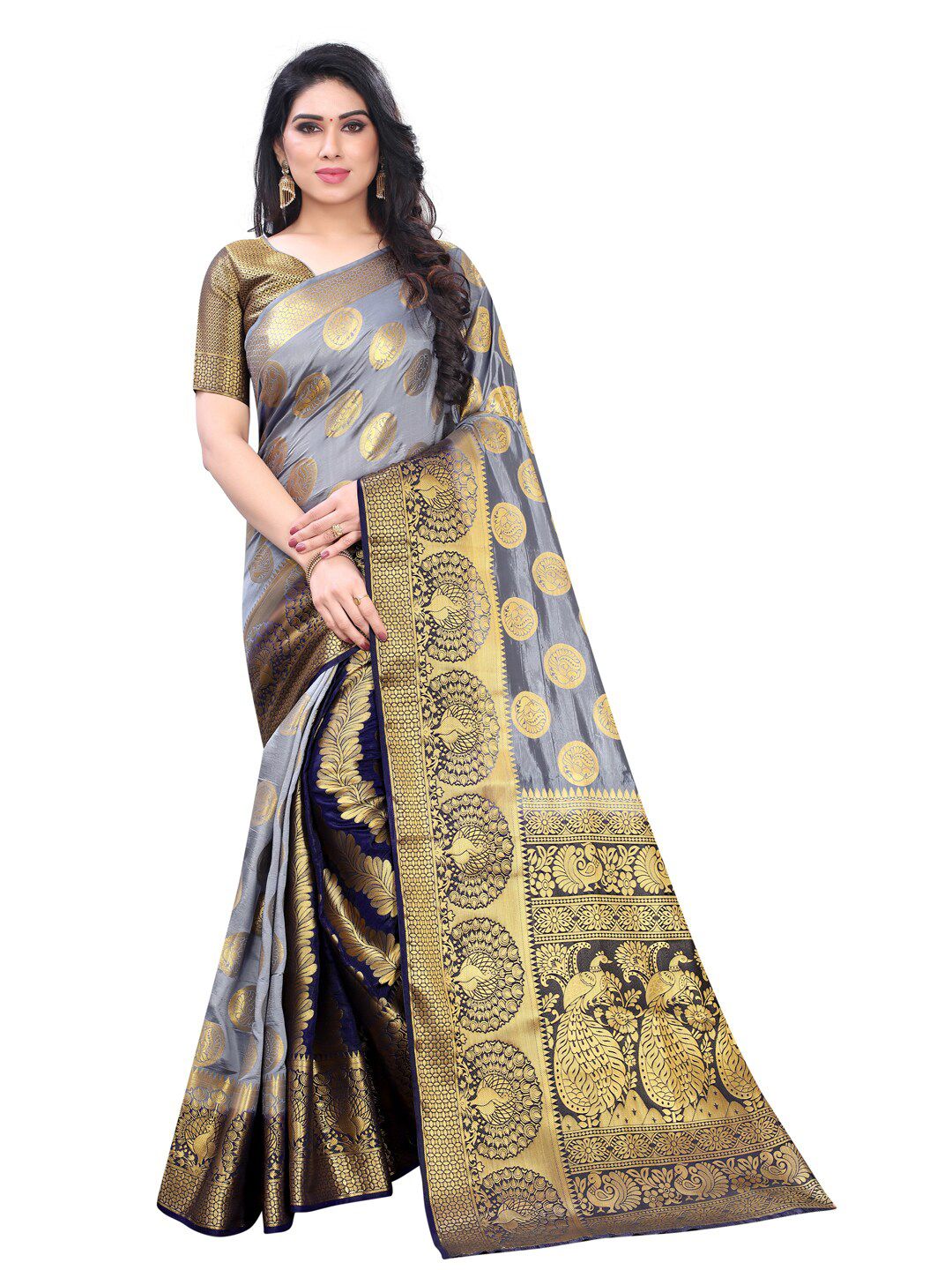 PERFECT WEAR Grey & Navy Blue Ethnic Motifs Zari Silk Cotton Banarasi Saree Price in India
