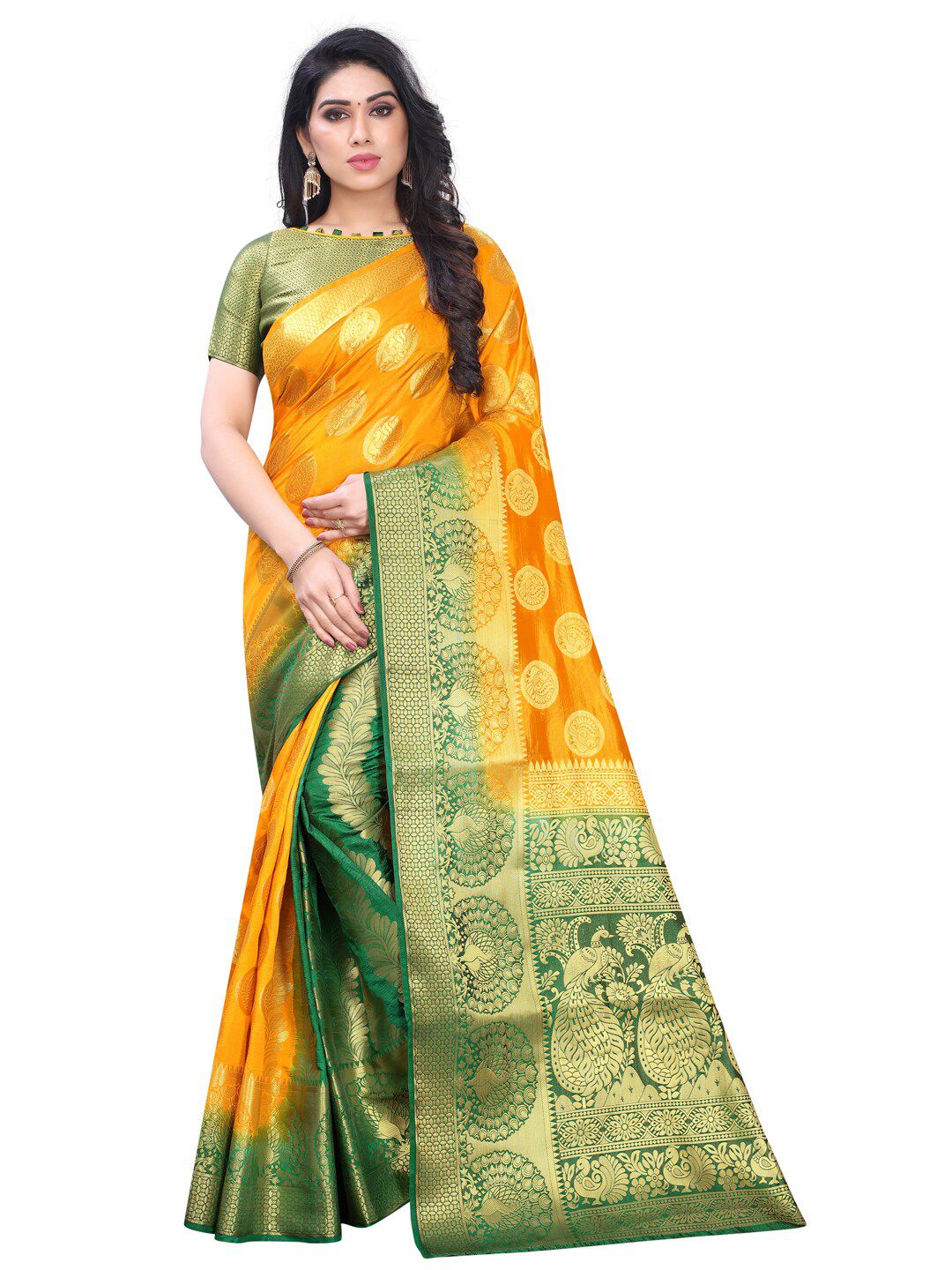 PERFECT WEAR Yellow & Green Floral Zari Silk Cotton Banarasi Saree Price in India
