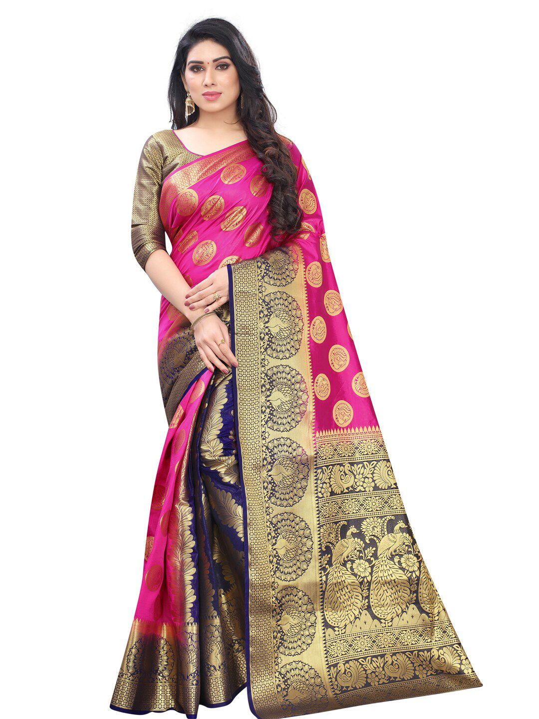 PERFECT WEAR Pink & Navy Blue Ethnic Motifs Zari Silk Cotton Banarasi Saree Price in India