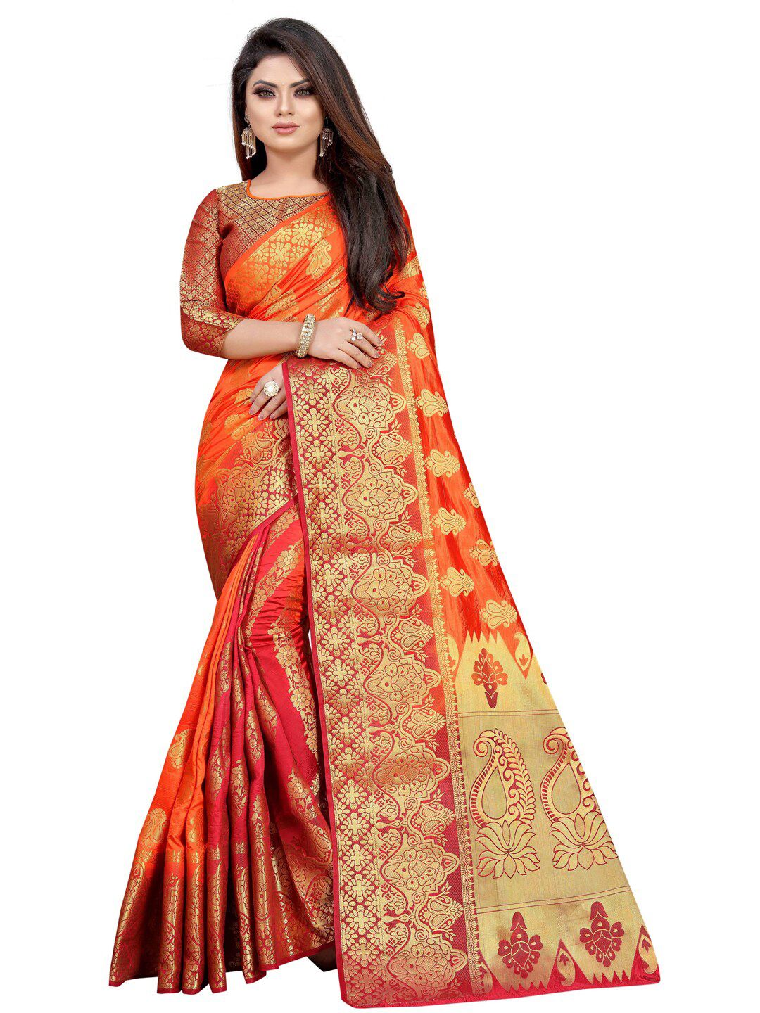 PERFECT WEAR Rust & Red Woven Design Zari Silk Cotton Banarasi Saree Price in India