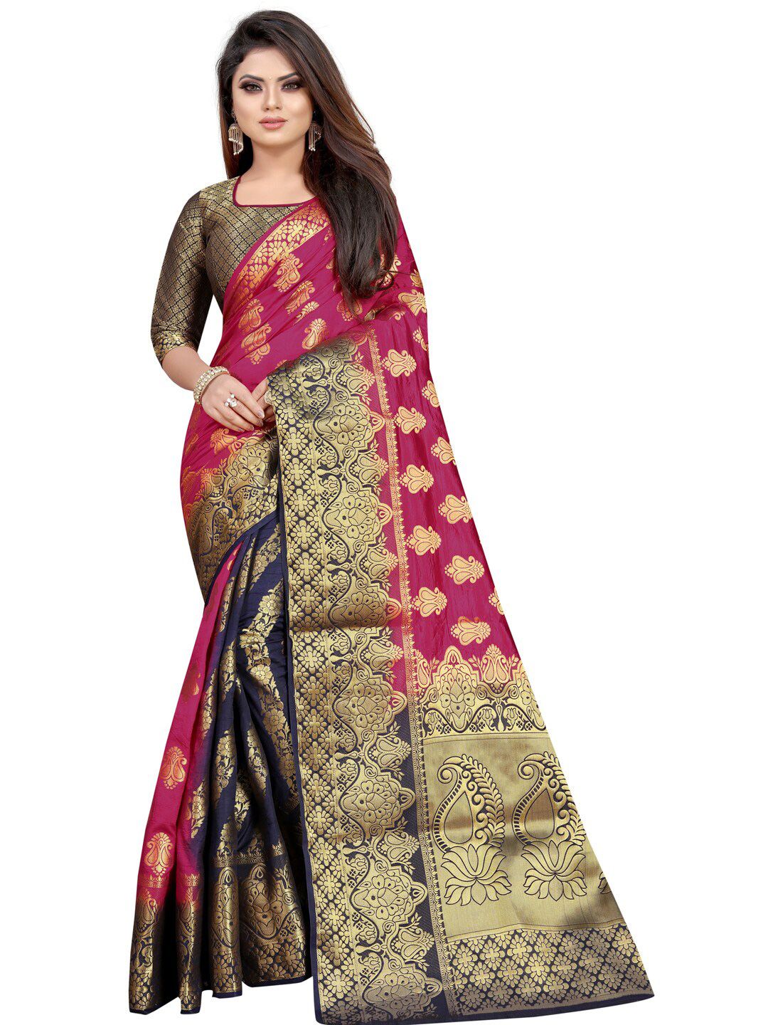 PERFECT WEAR Pink & Navy Blue Ethnic Motifs Silk Cotton Banarasi Saree Price in India