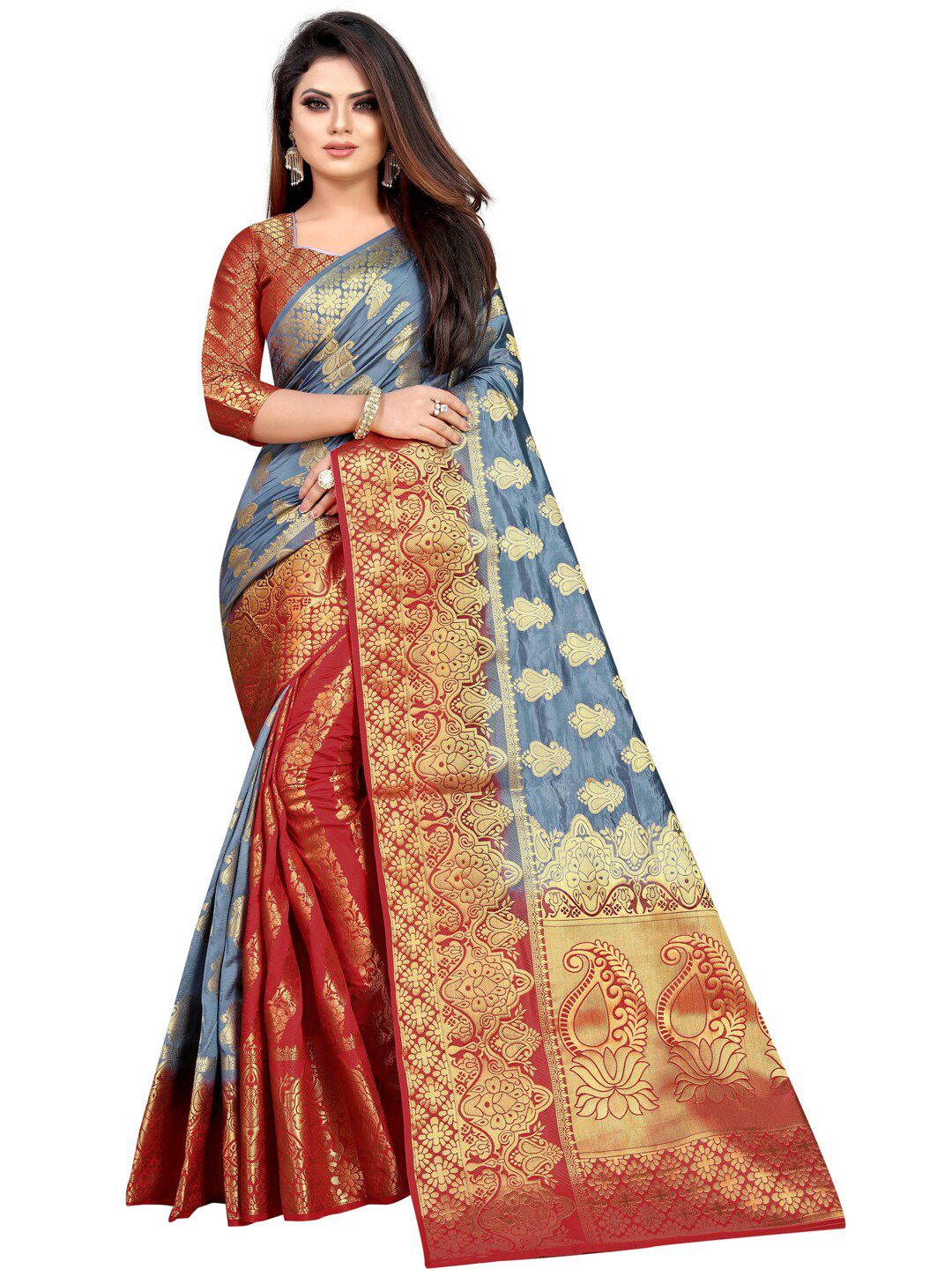 PERFECT WEAR Grey & Red Woven Design Zari Silk Cotton Banarasi Saree Price in India