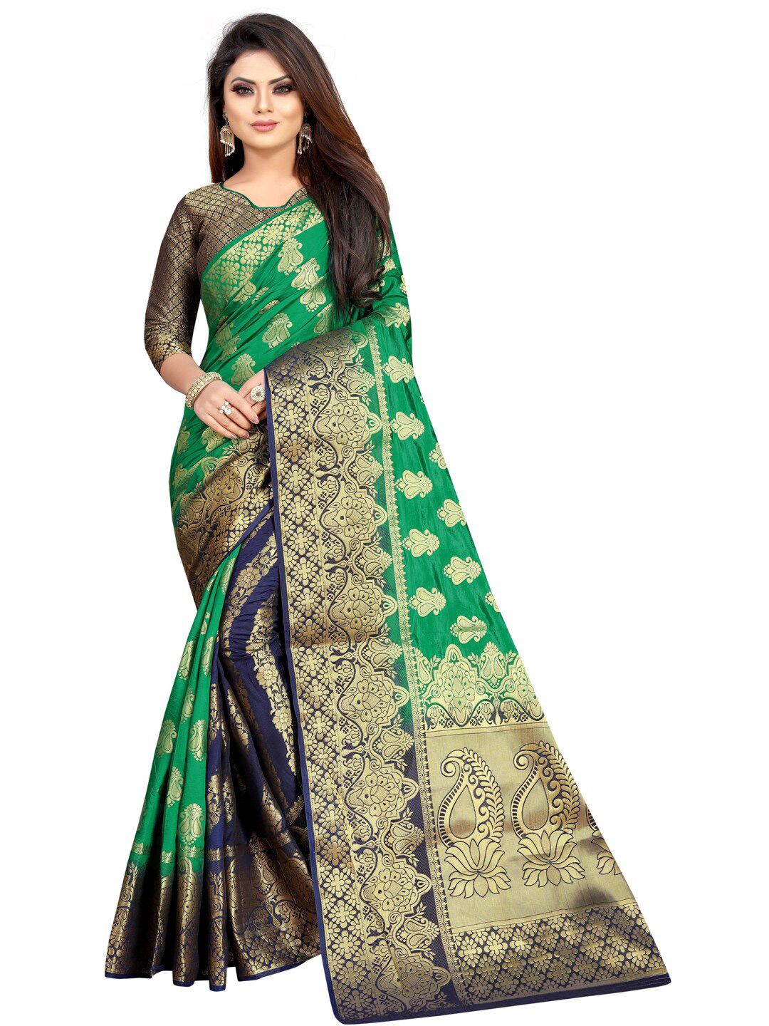PERFECT WEAR Teal & Navy Blue Ethnic Motifs Zari Silk Cotton Banarasi Saree Price in India