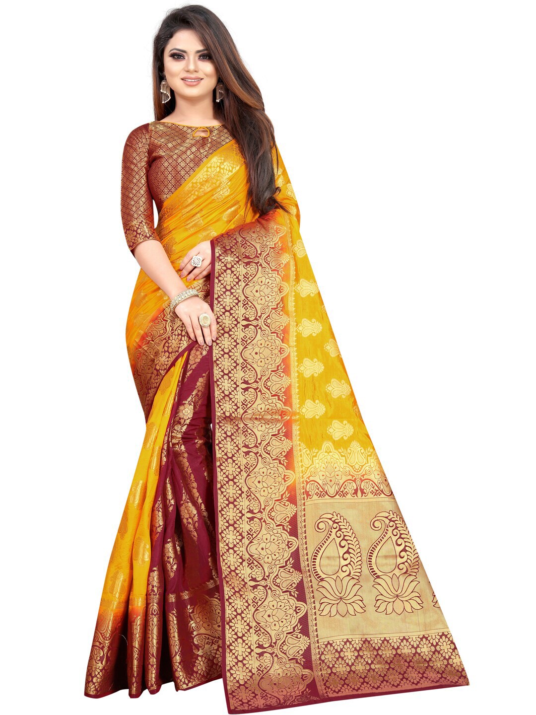 PERFECT WEAR Maroon & Yellow Woven Design Zari Silk Cotton Banarasi Saree Price in India