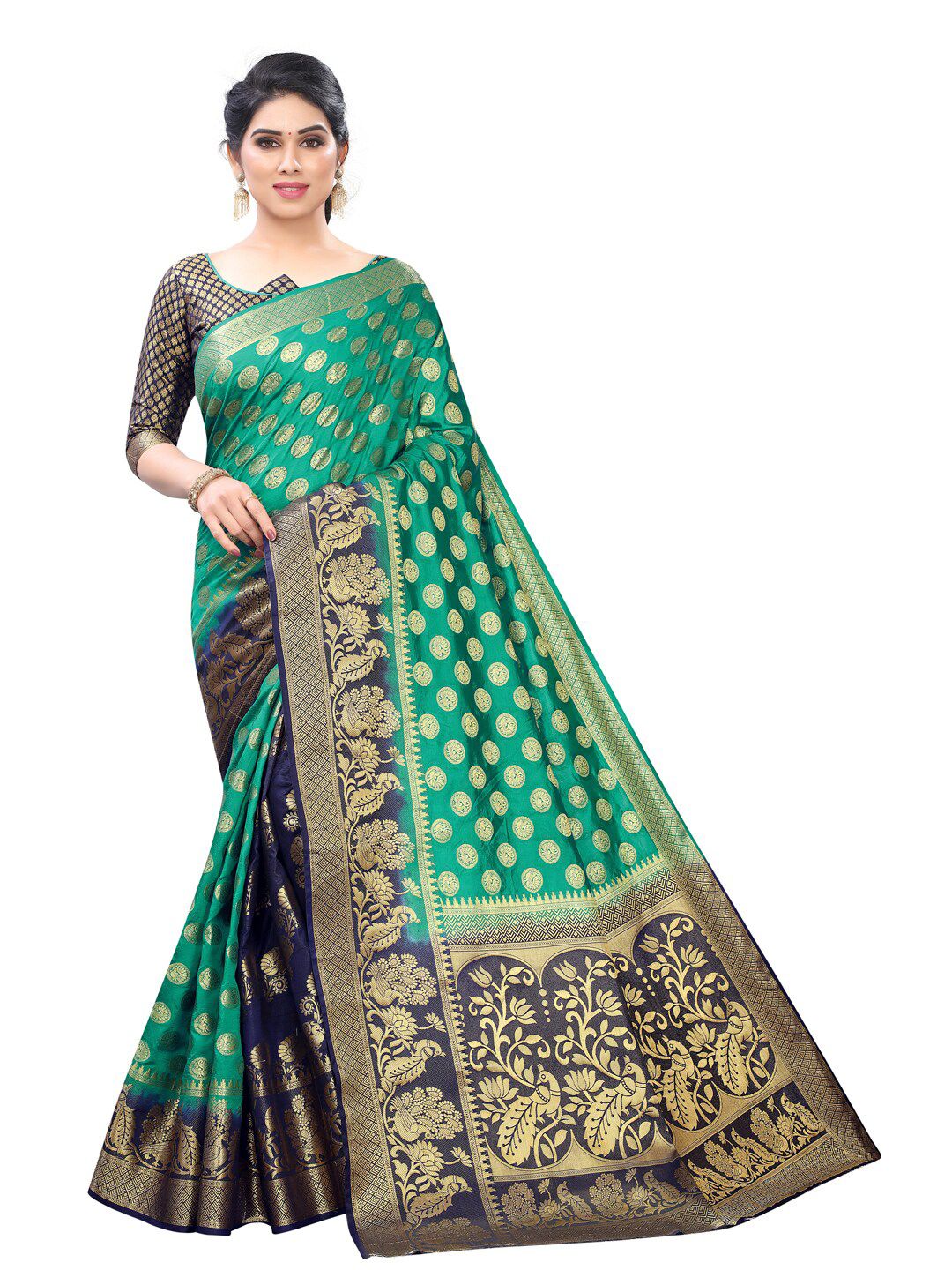 PERFECT WEAR Green & Navy Blue Ethnic Motifs Zari Silk Cotton Banarasi Saree Price in India