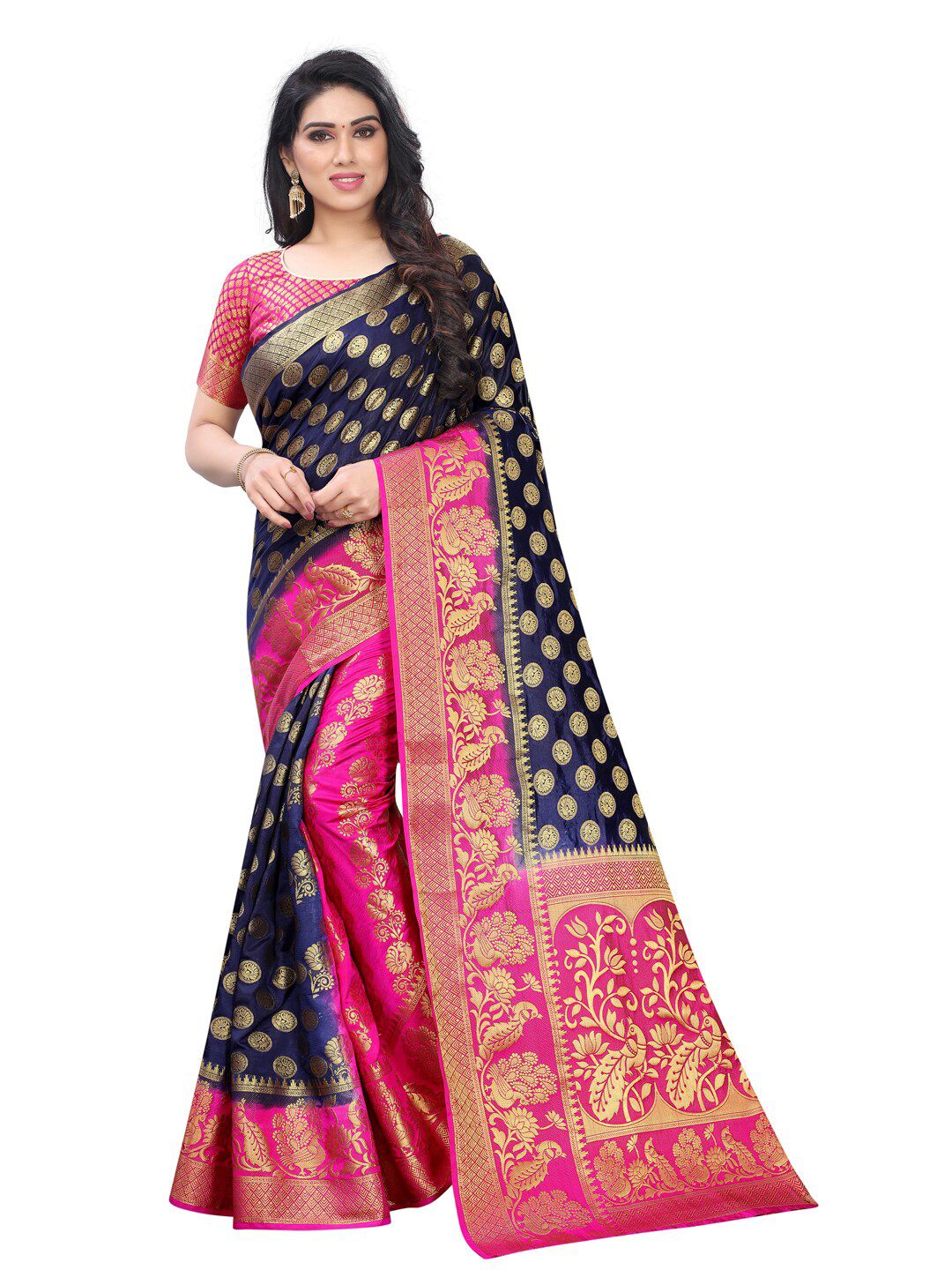PERFECT WEAR Blue & Pink Ethnic Motifs Zari Silk Cotton Banarasi Saree Price in India
