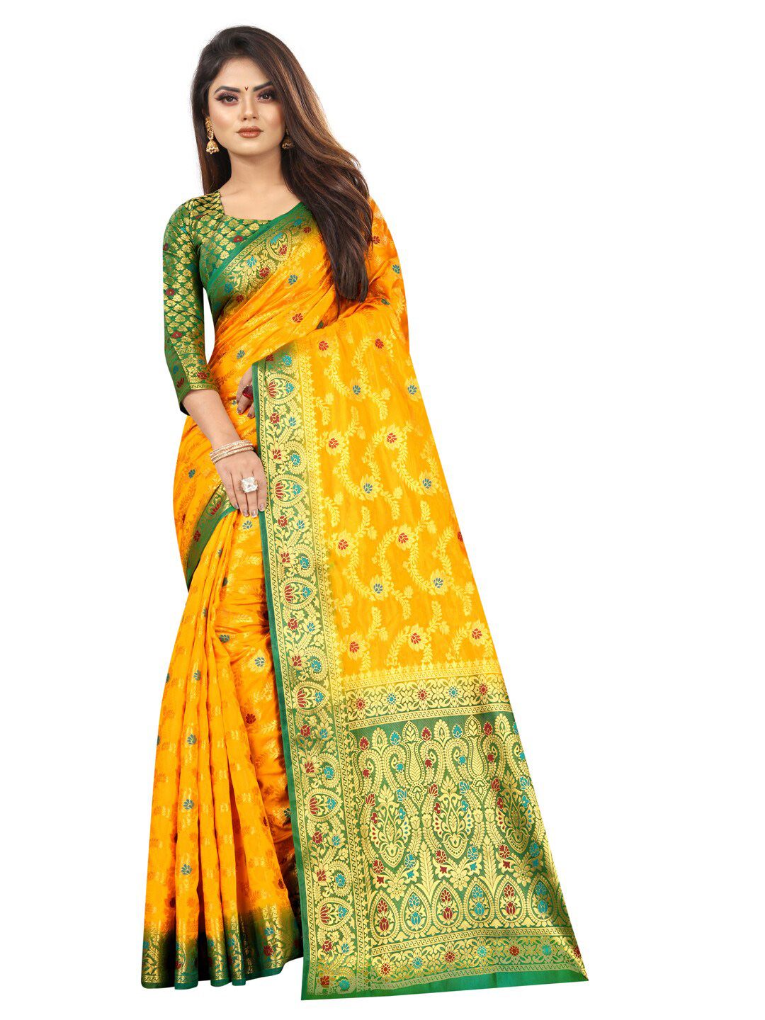 PERFECT WEAR Green & Yellow Floral Silk Cotton Saree Price in India