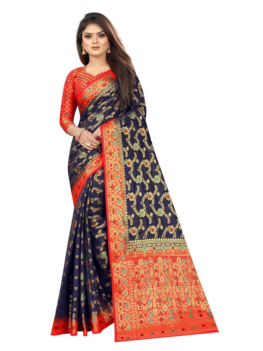 PERFECT WEAR Navy Blue & Red Ethnic Motifs Zari Silk Cotton Banarasi Saree Price in India