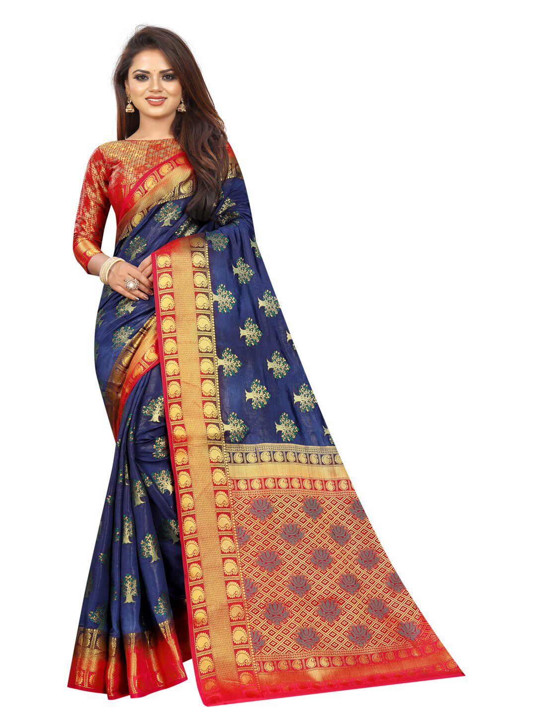 PERFECT WEAR Red & Navy Blue Floral Zari Silk Cotton Banarasi Saree Price in India