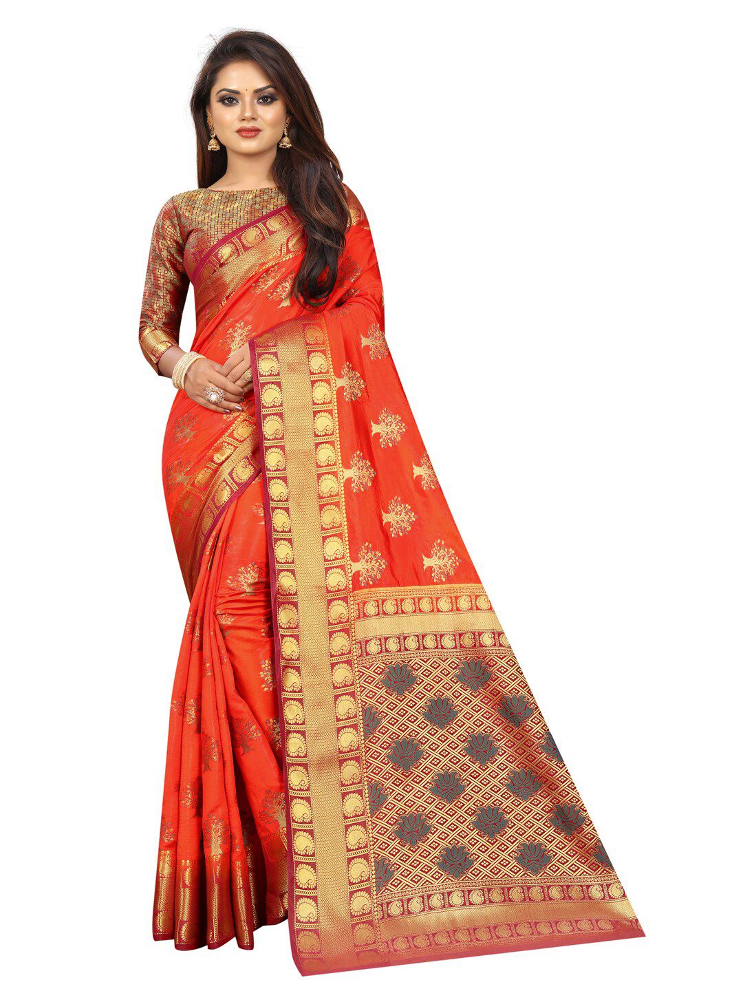 PERFECT WEAR Orange & Gold-Toned Ethnic Motifs Zari Silk Cotton Banarasi Saree Price in India