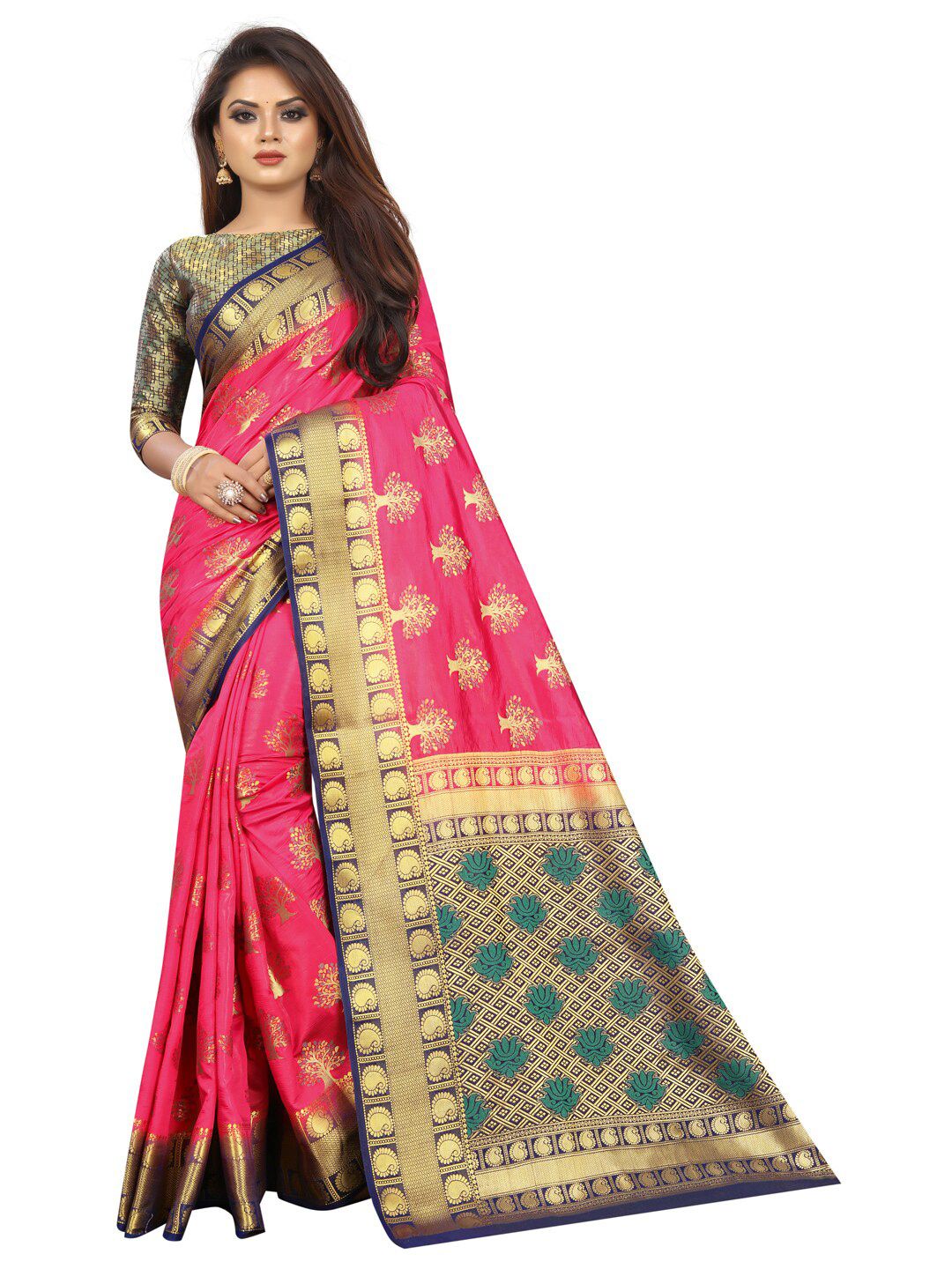 PERFECT WEAR Pink & Navy Blue Woven Design Zari Silk Cotton Banarasi Saree Price in India
