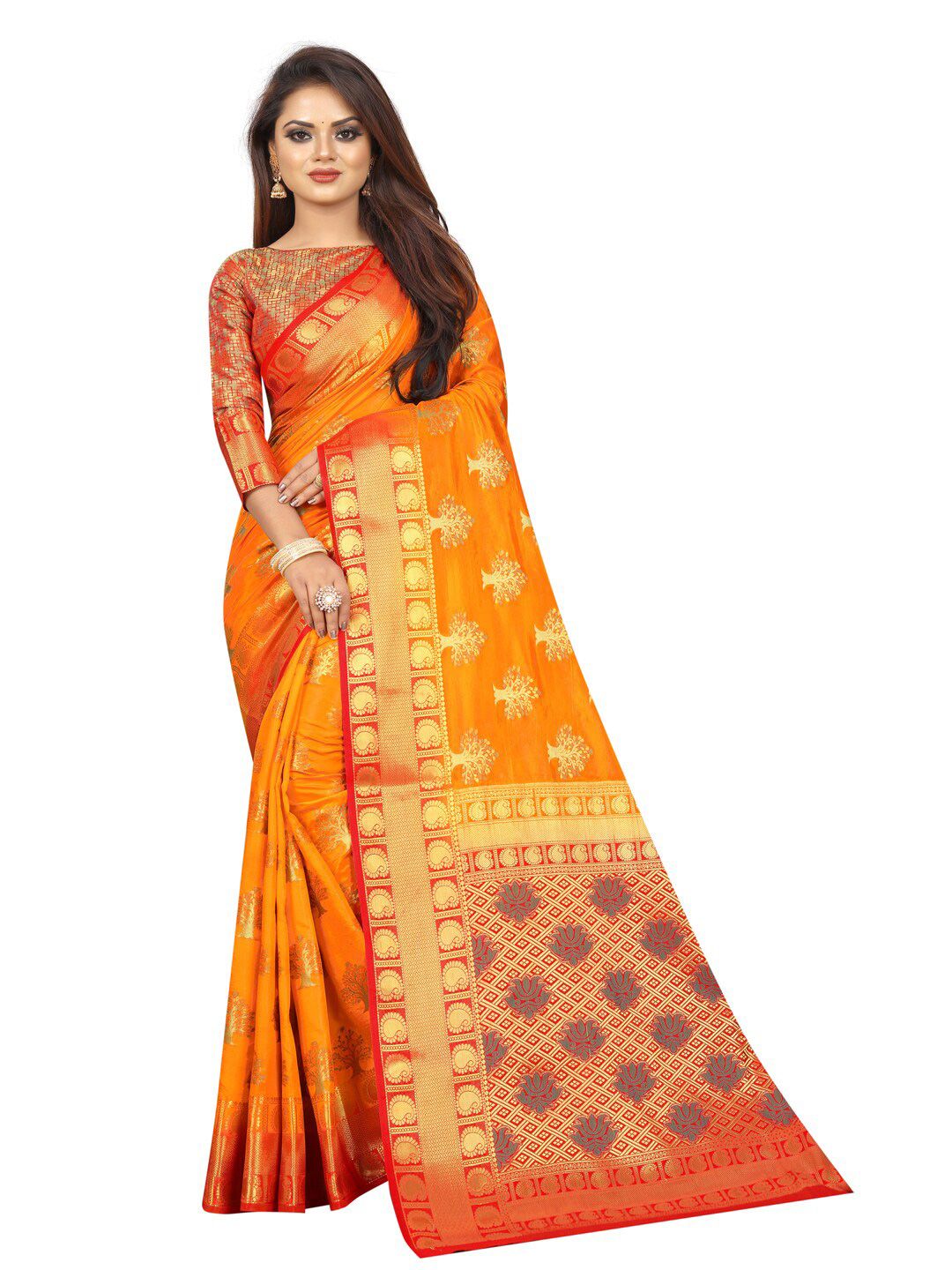 PERFECT WEAR Mustard & Golden Ethnic Motifs Silk Cotton Banarasi Saree Price in India