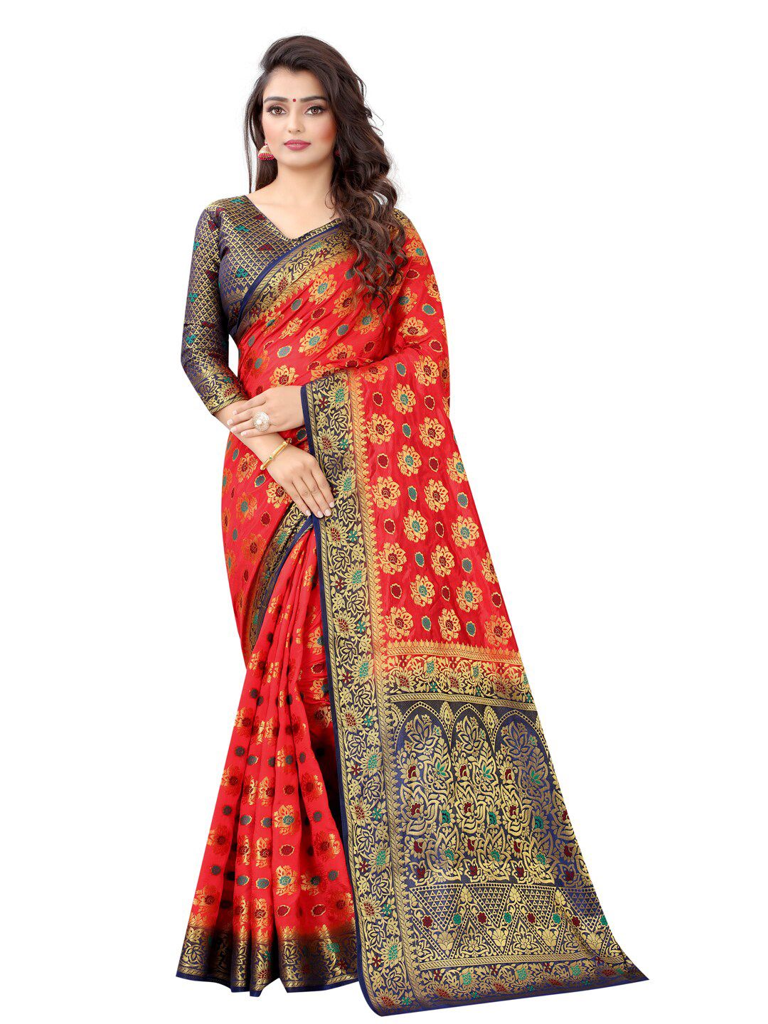 PERFECT WEAR Red & Navy Blue Woven Design Banarasi Saree Price in India