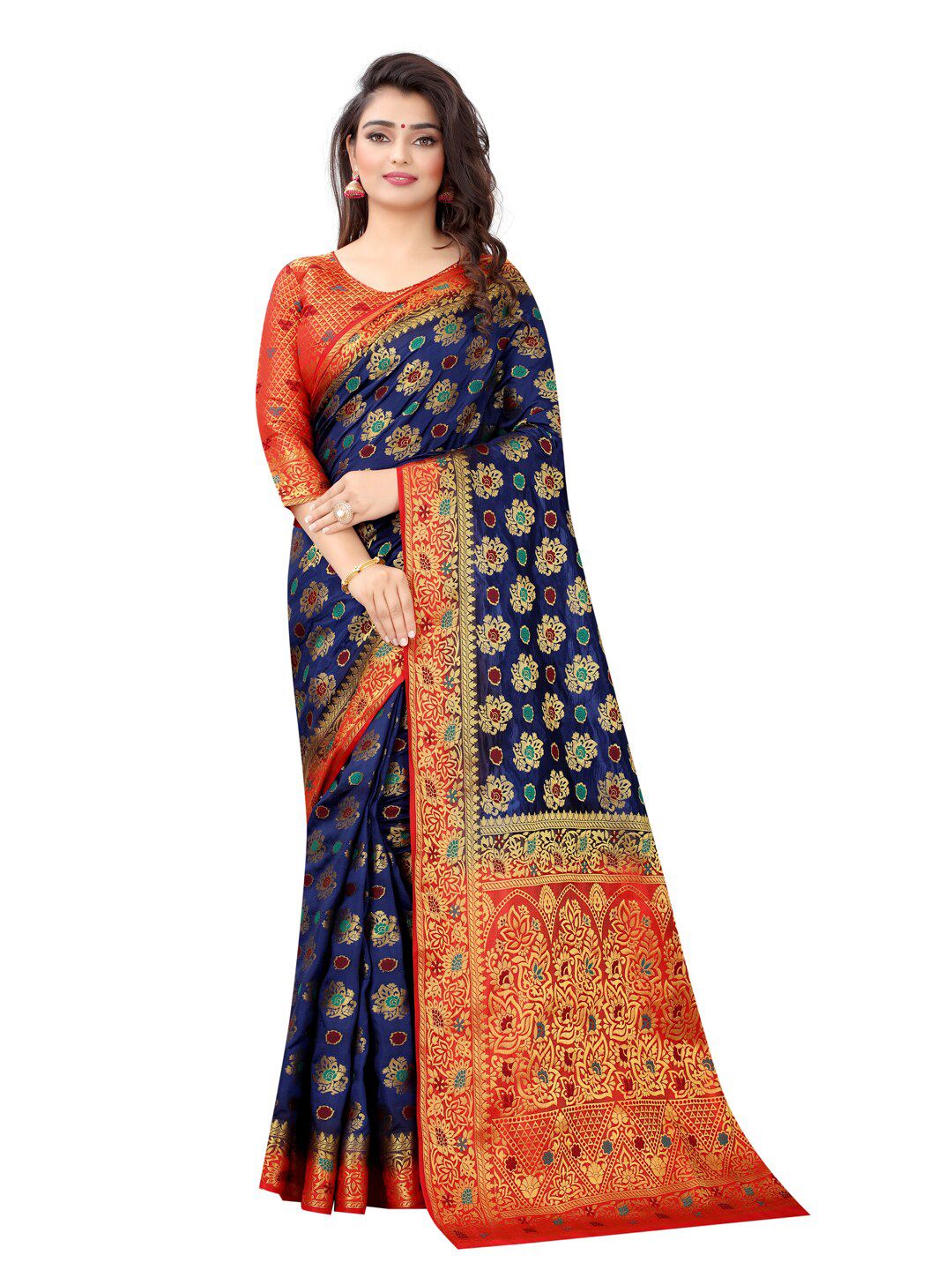 PERFECT WEAR Blue & Red Woven Design Zari Silk Cotton Banarasi Saree Price in India