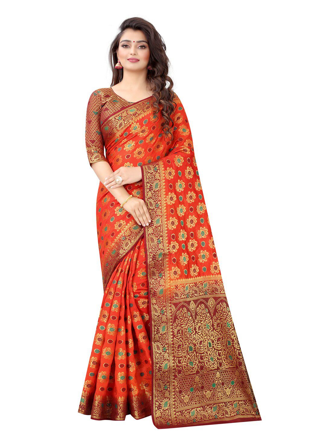 PERFECT WEAR Orange & Green Woven Design Zari Silk Cotton Banarasi Saree Price in India