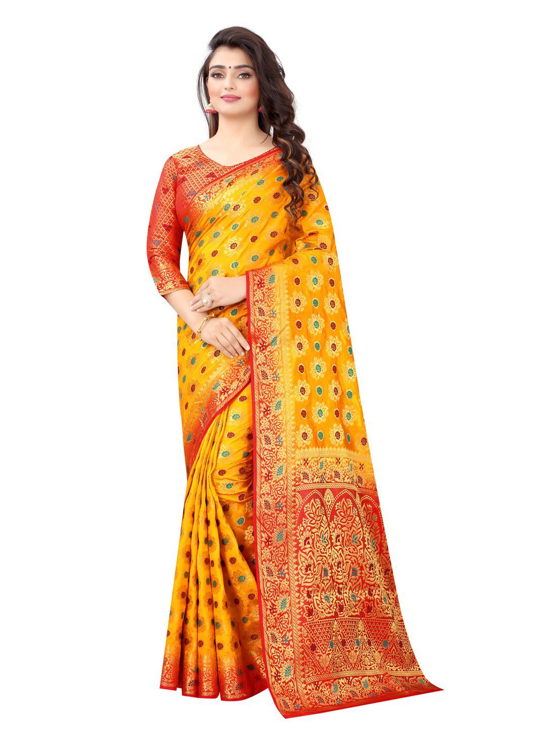 PERFECT WEAR Yellow & Red Floral Zari Silk Cotton Banarasi Saree Price in India
