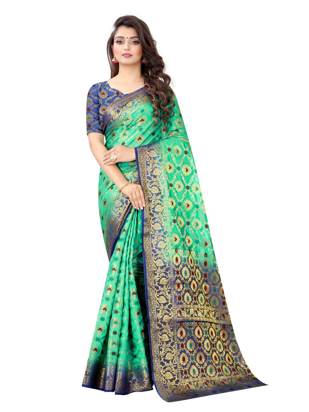 PERFECT WEAR Green & Navy Blue Ethnic Motifs Woven Design Banarasi Saree Price in India